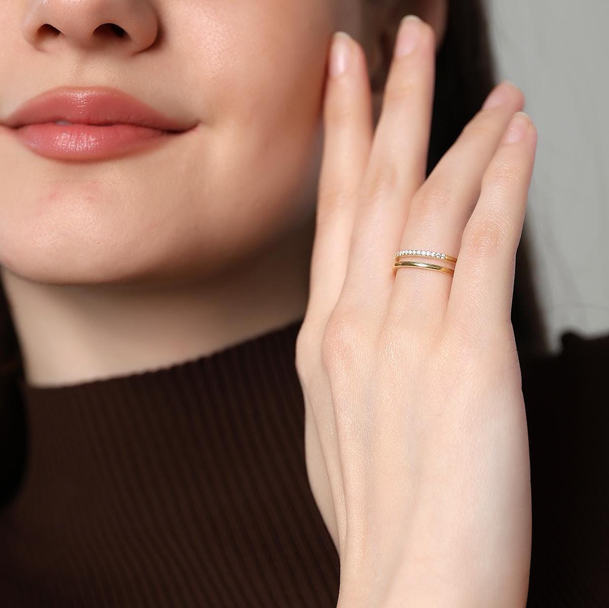 Modern Gold Dual Band Ring , Elegant Cz Double Band Ring , Chic & Classic Stacking Ring, Silver / Gold / Rose Gold Options , Women's Jewelry