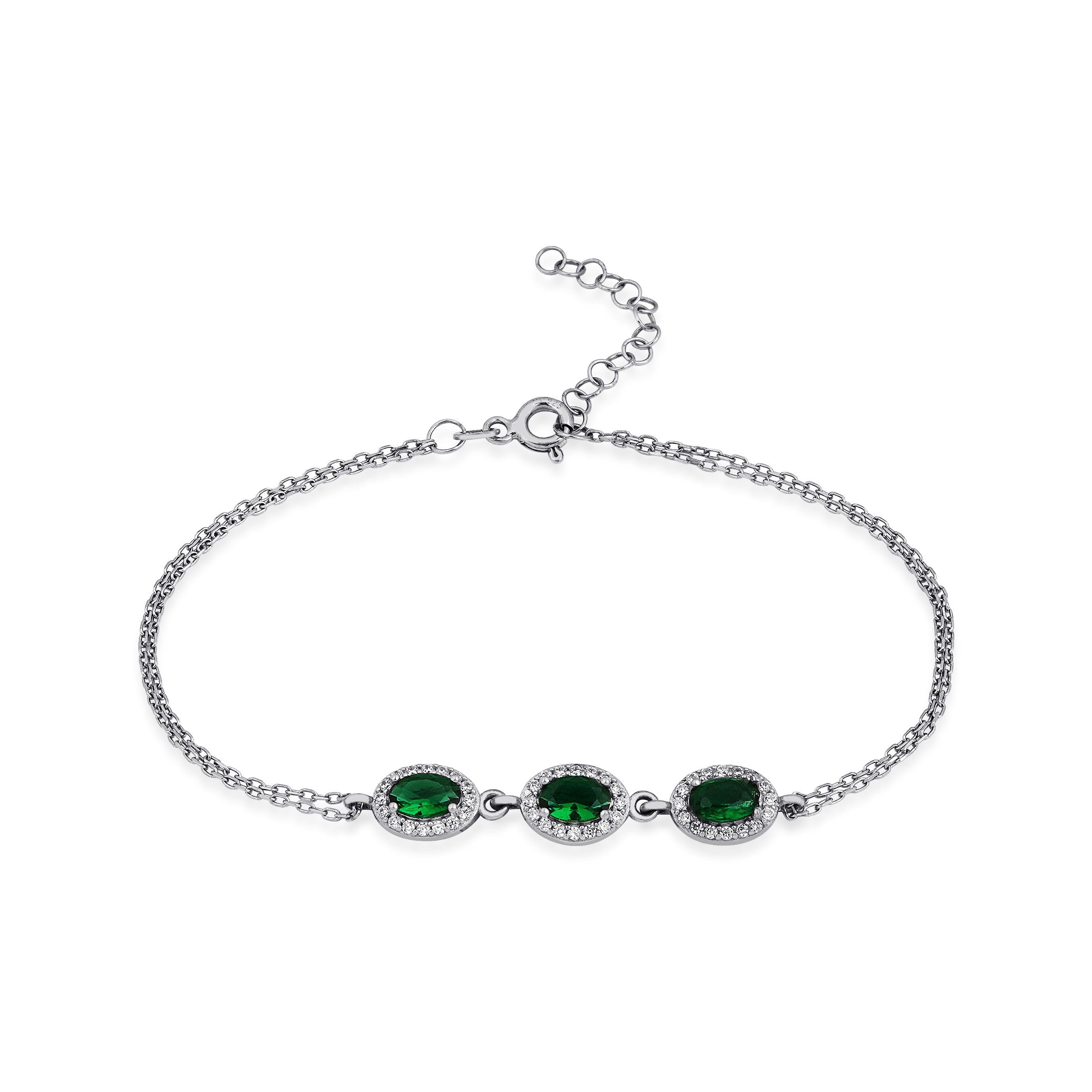 Triple Emerald Charm Bracelet , Sterling Silver Oval Cut Emerald Bracelet