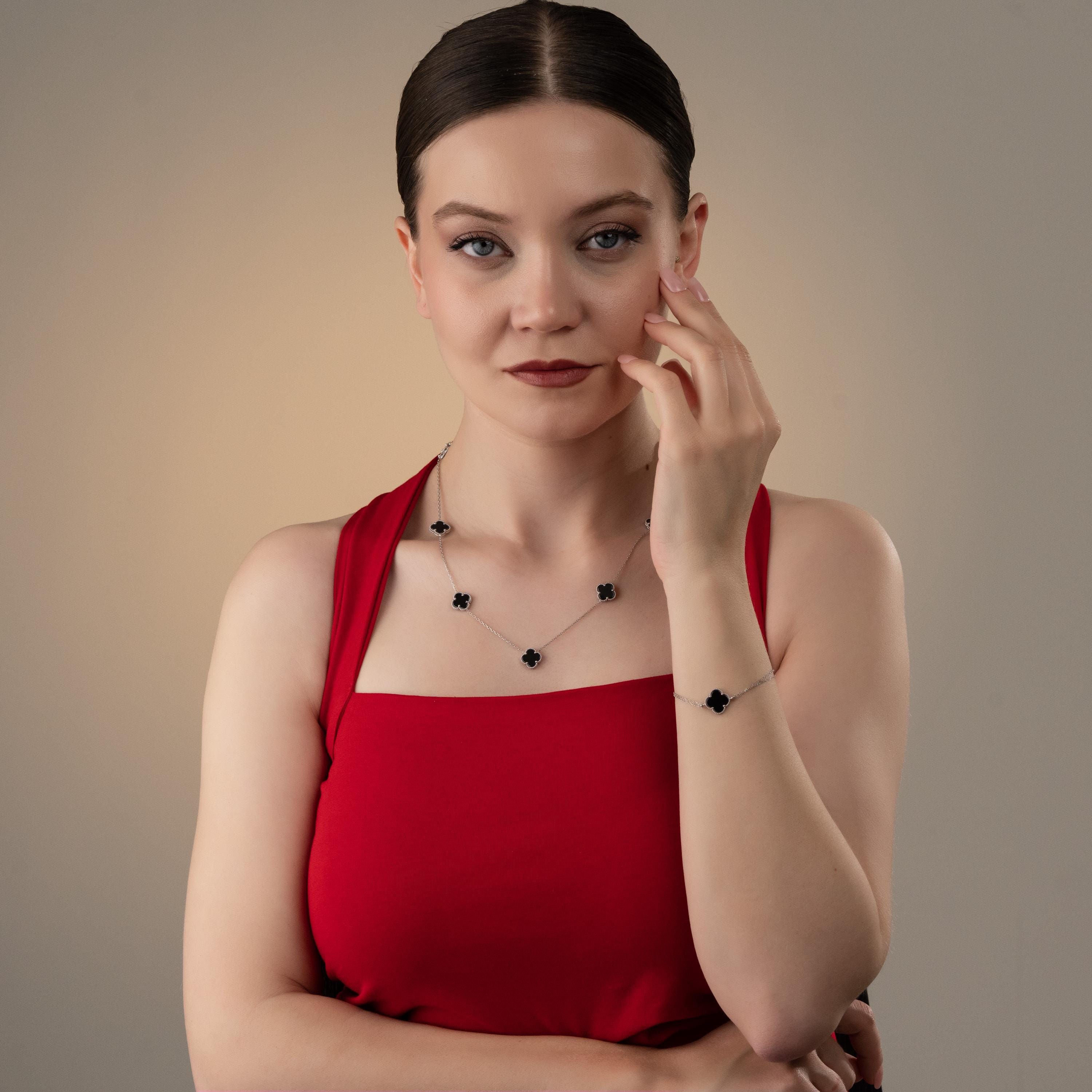 Modern Lucky Clover Charm Necklace & Bracelet Set , Personalized Lucky Clover Jewelry Set, Gemstone Color And Chain Options