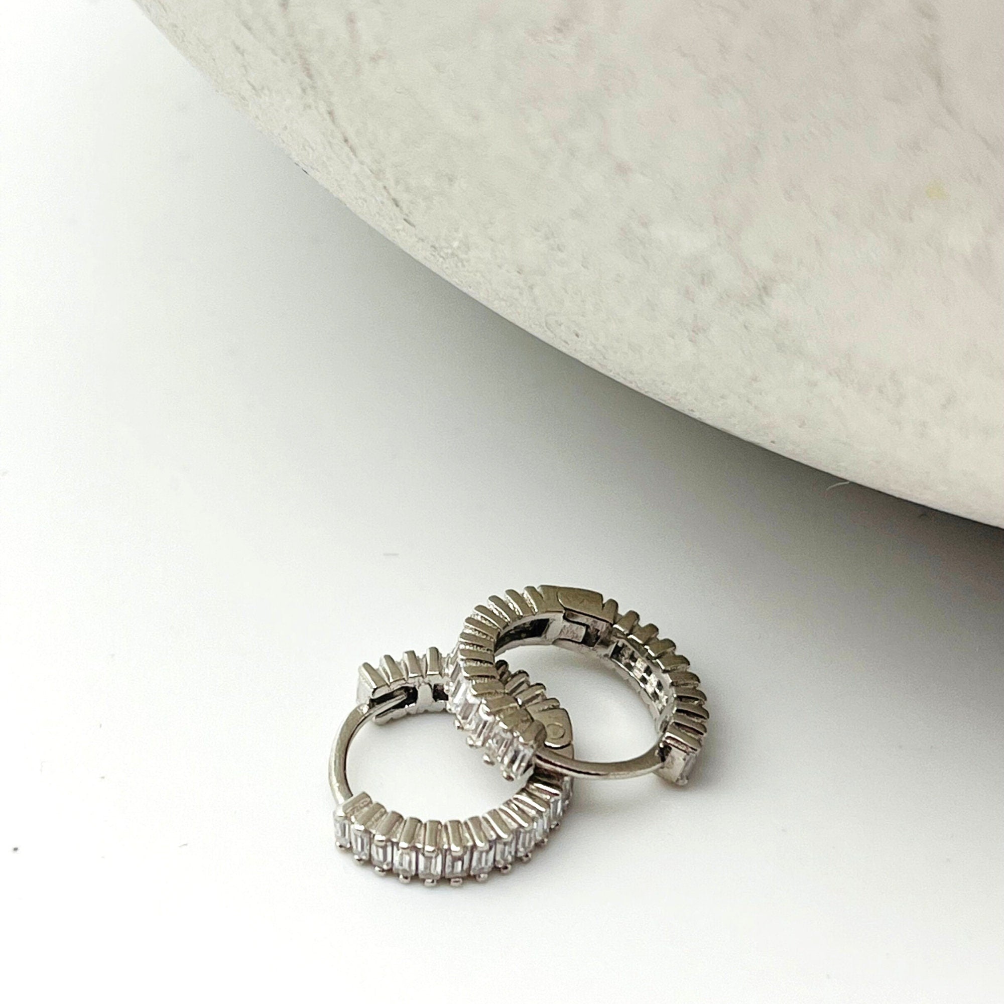 Tiny Baguette Hoop Earrings - Silver/gold Baguette Earrings - Baguette Huggies - Tiny Huggies - Pave Earrings - Minimalist Hoops