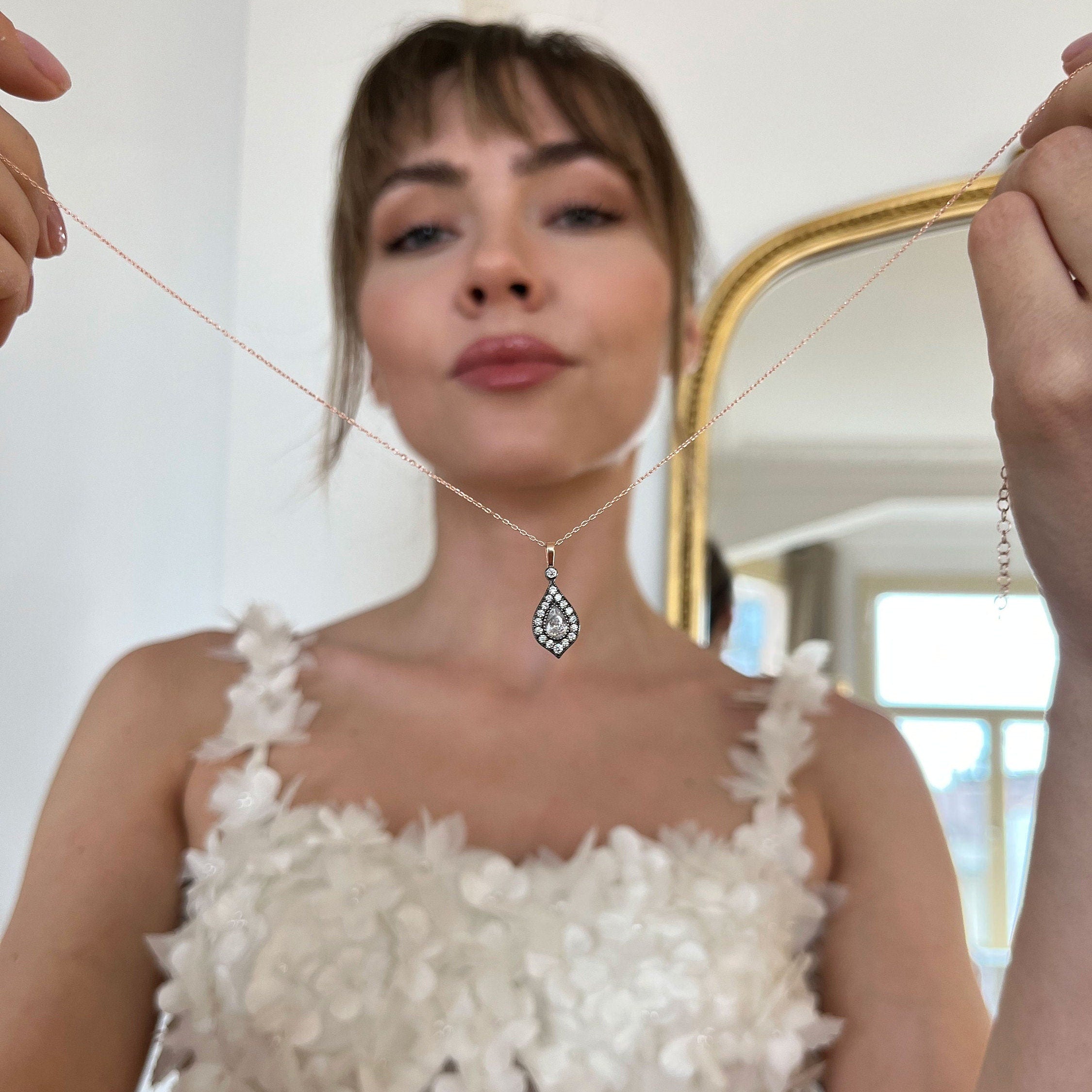 Pear Cut Halo Necklace - Sterling Silver Zircon Tear Drop Wedding Jewelry - Drop Pendant With Cubic Cut Gemstones - Handmade Jewelry