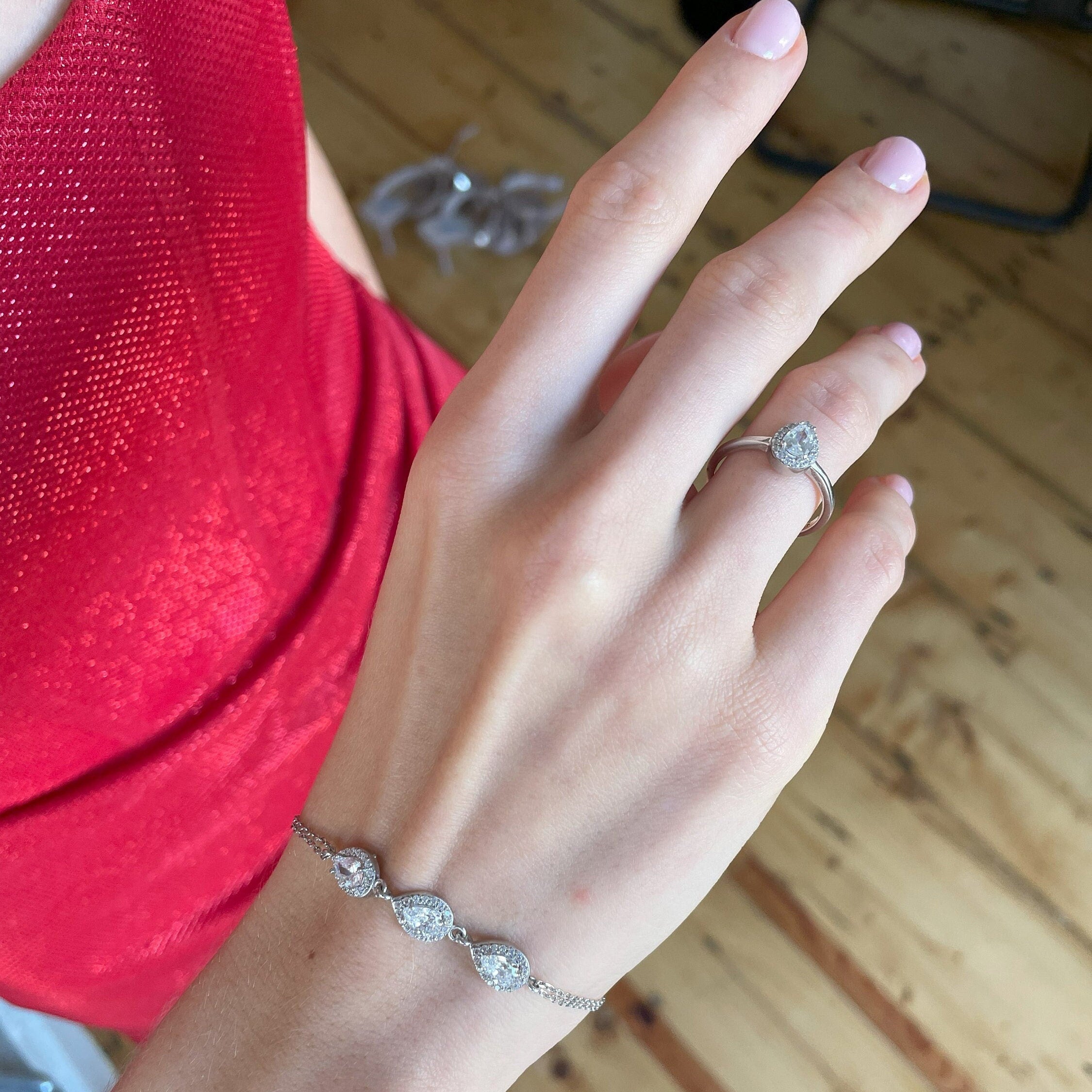 Cz Teardrop Jewelry Set - Bridal Jewelry Set - 925 Sterling Silver Bracelet & Ring - Cz Halo Jewelry - -