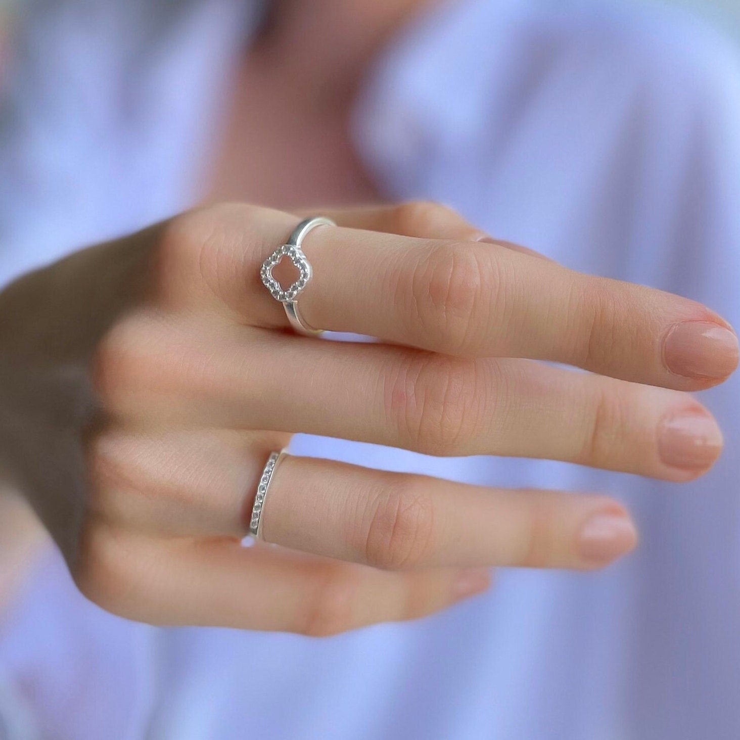 Engraved Sterling Silver Four Leaf Clover Ring - Cz Clover Ring - Adjustable Lucky Ring - - Art Deco Ring