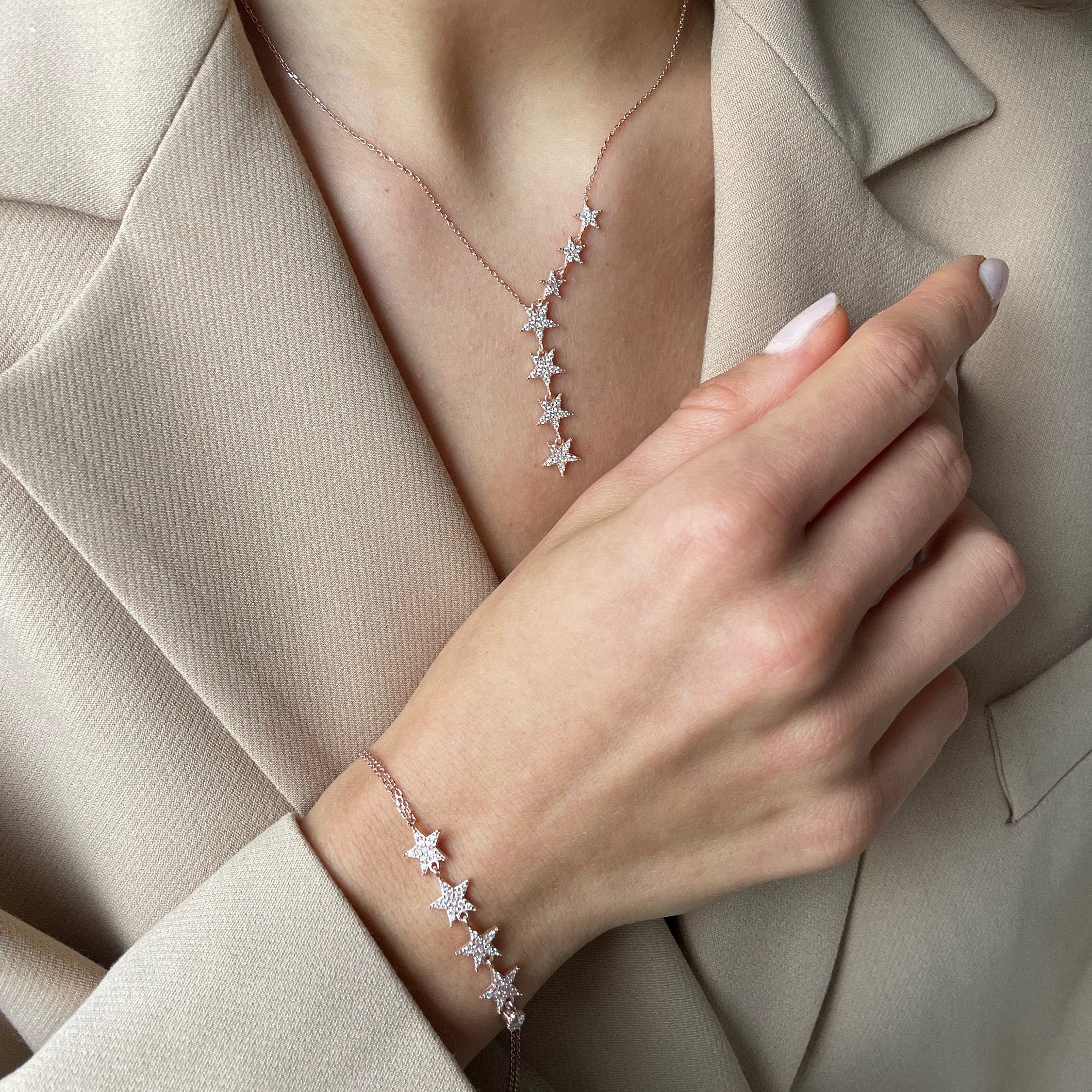 Star Lariat Jewelry Set - Silver / Gold / Rose Gold Star Lariat Necklace & Bracelet Set - Sterling Silver Jewelry -