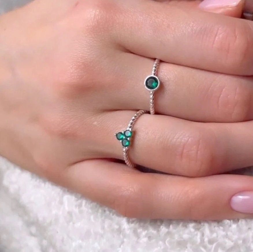 Emerald Solitaire Ring - Sterling Silver Stackable Ring - Emerald Stone Tiny Silver Band Ring - Handmade Gift - Adjustable Ring