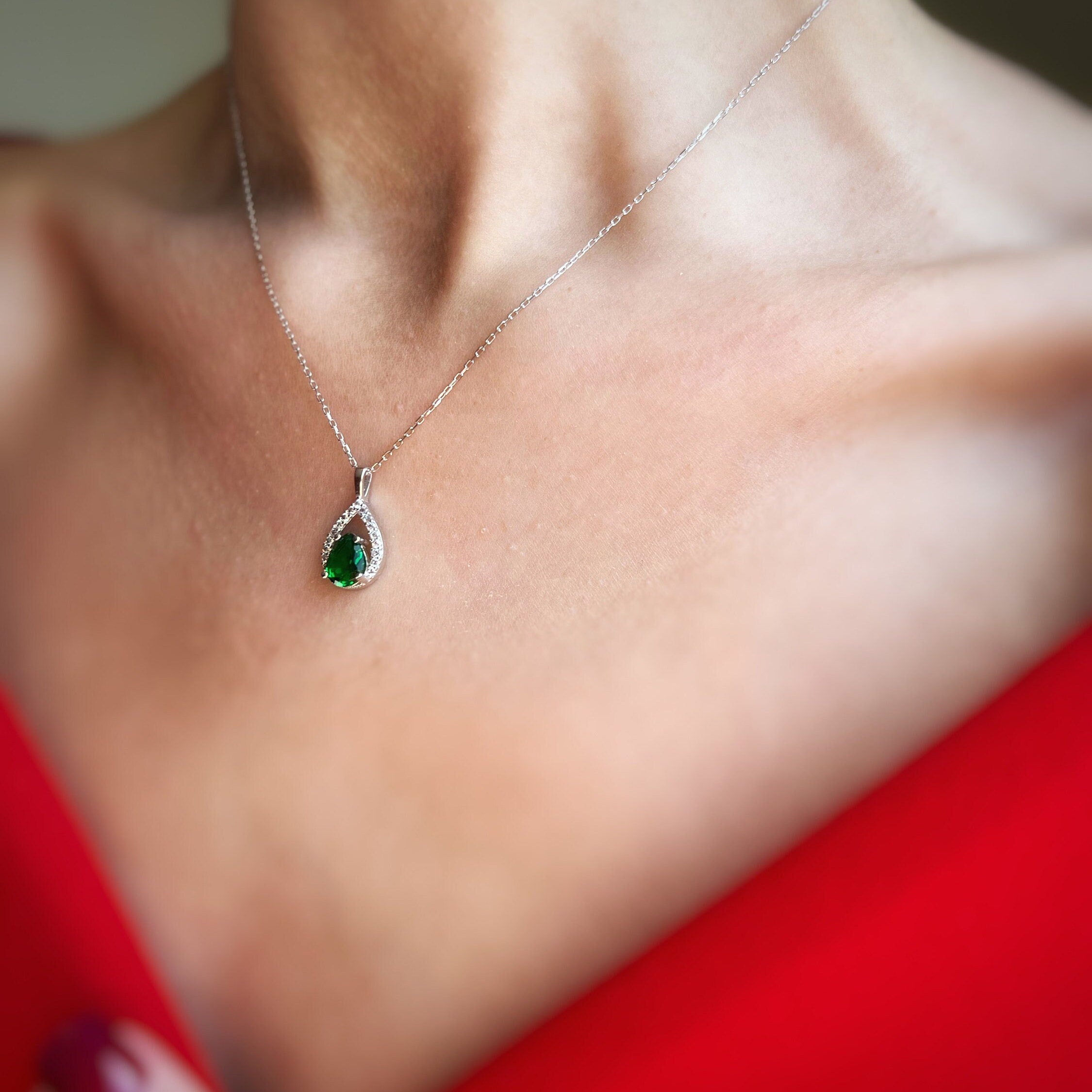 Teardrop Pendant Necklace | Sparkling Drop Birthstone Silver Necklace | Oval Cut Gemstone | Birthstone Pendant | Minimalist Jewelry Gift