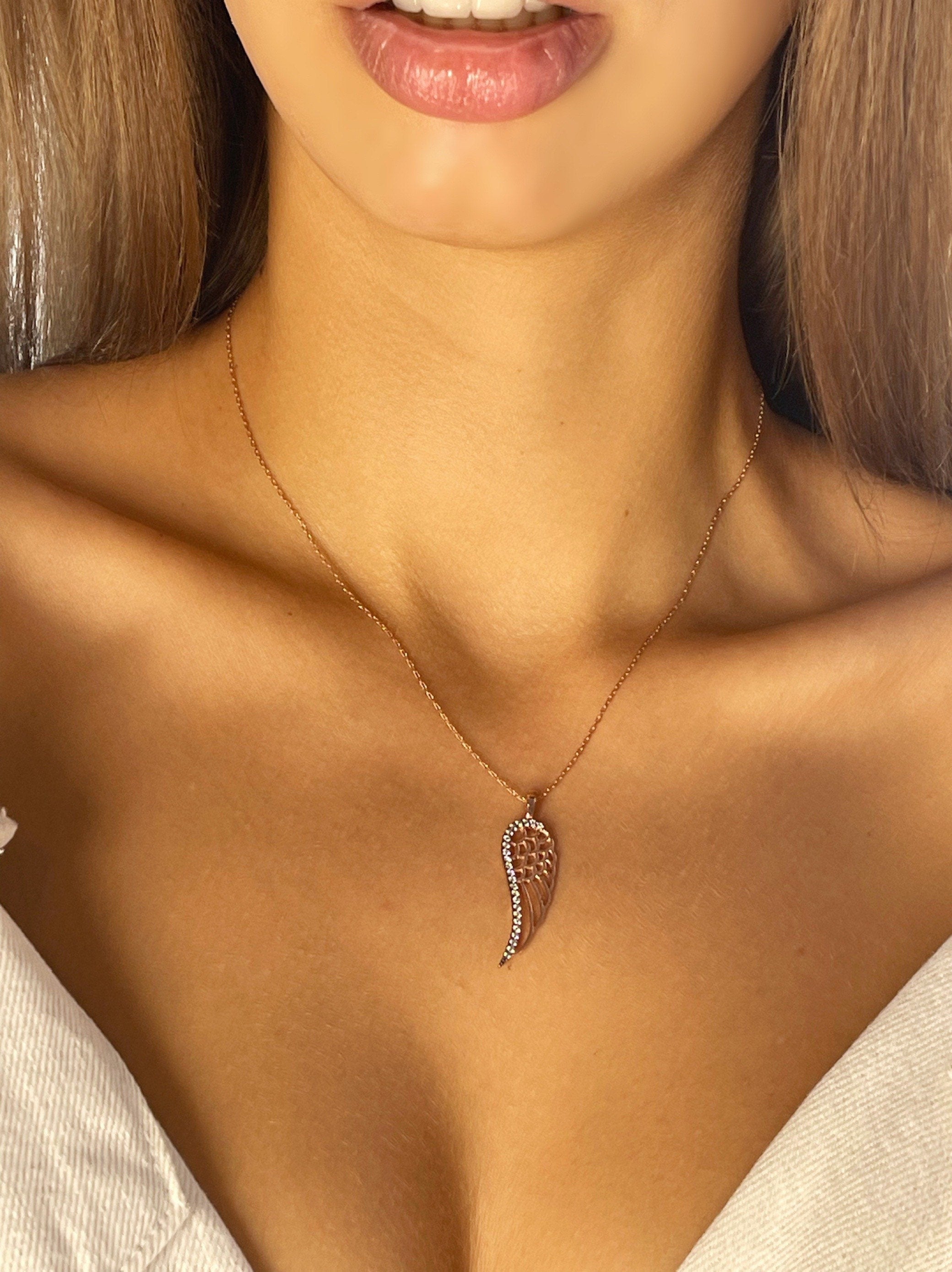 Sterling Silver Angel Wing Pendant Necklace, White Zircon Archangel Jewelry, Dream Wing Necklace, Delicate Silver Necklace