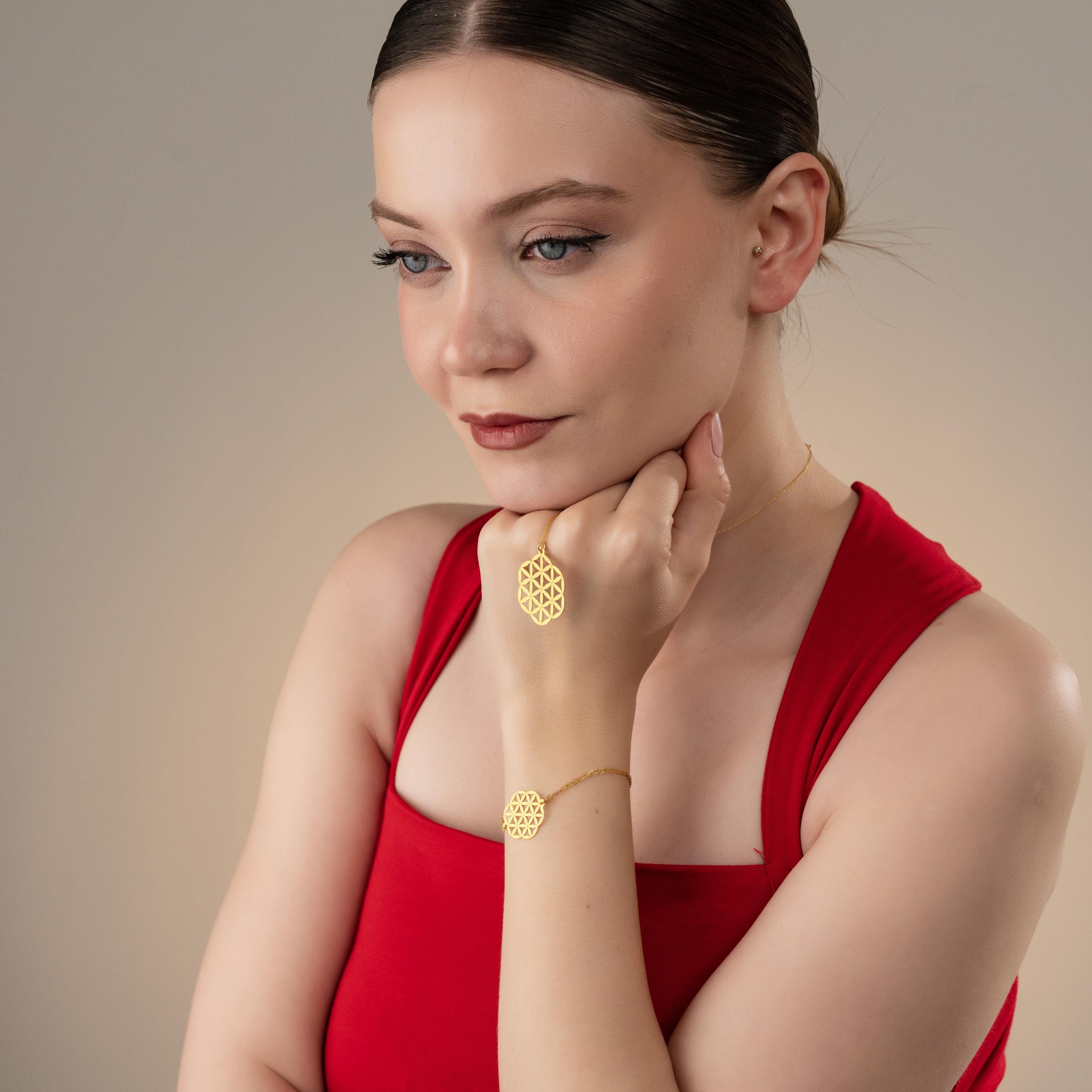 Boho Flower Of Life Jewelry Set , Dainty Gold Necklace & Bracelet For Women , Yoga Necklace And Bracelet Gift , Spiritual