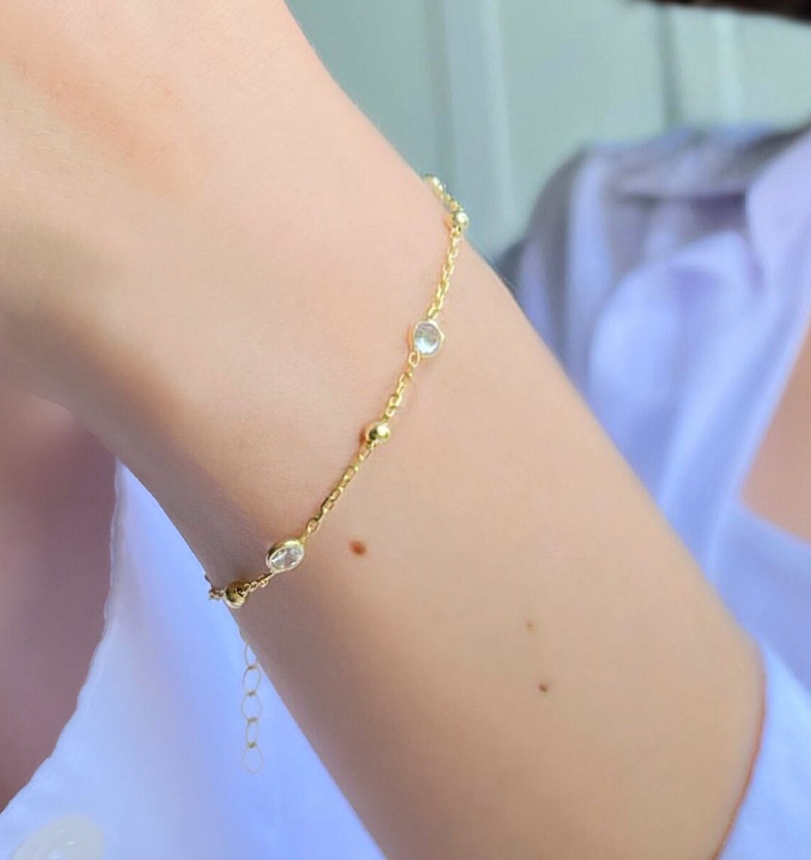 Minimalist Cz Bezel Chain Bracelet - Gold Plated Bracelet With Zirconia And Tiny Balls - Women Jewelry - Bridesmaid Gift - Dainty Bracelet