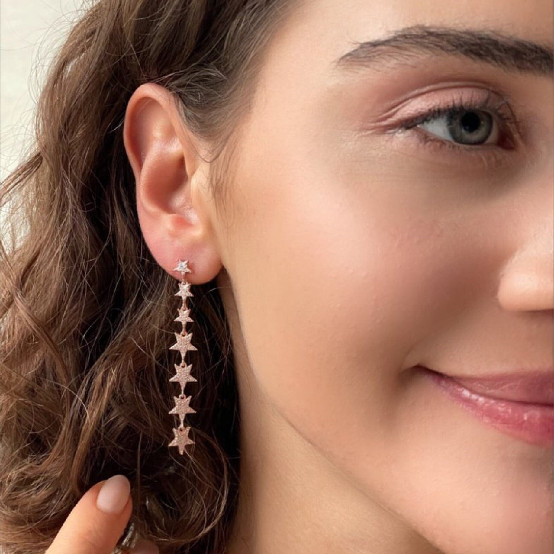 Star Lariat Dangle Earrings - Zircon Gemstones Celestial Earrings - Sterling Silver Jewelry - Star Design Stud Earrings - Star Drop Earrings