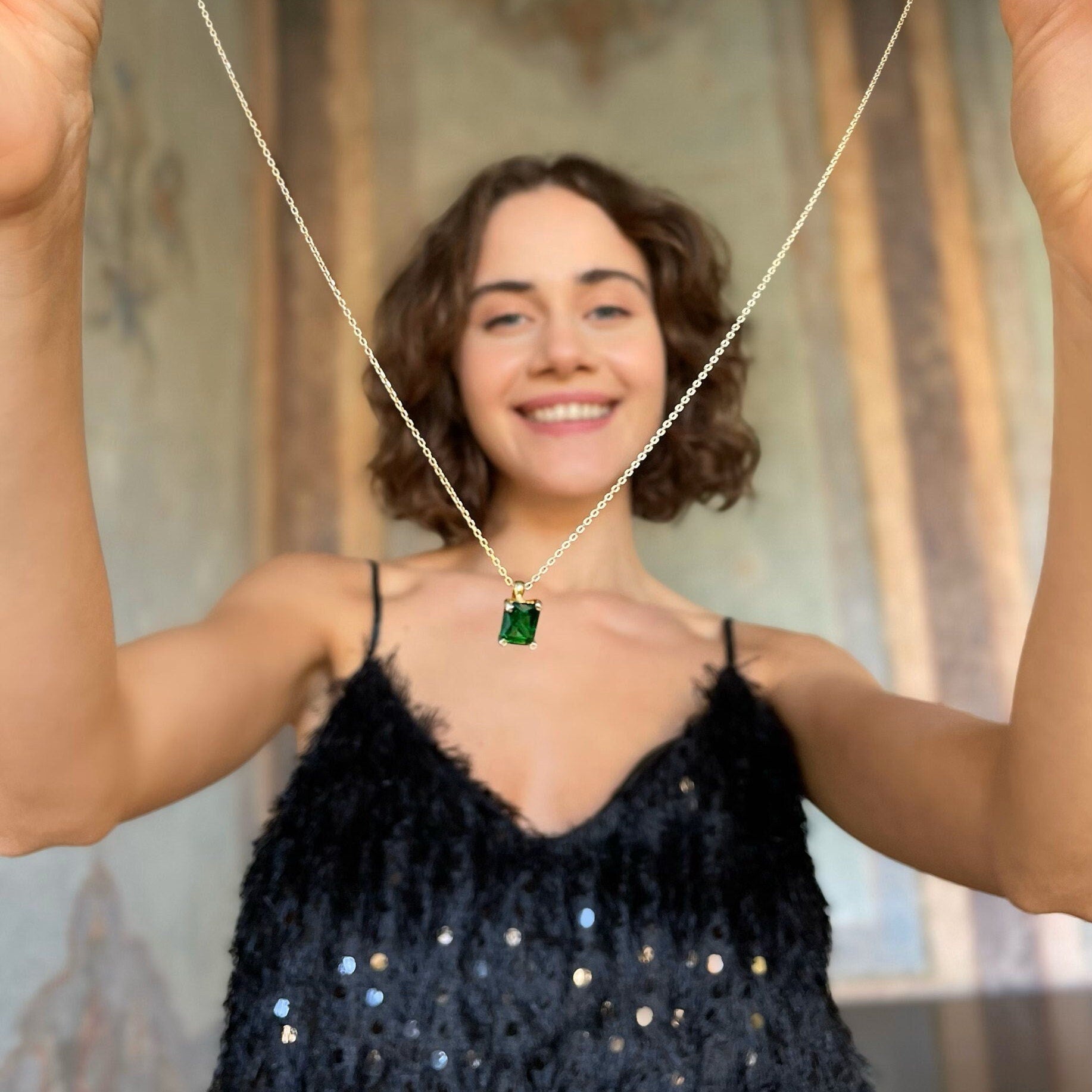 Elegant Emerald Jewelry Set - Rectangle Cut Emerald Pendant - Green Gemstone Necklace And Ring - -