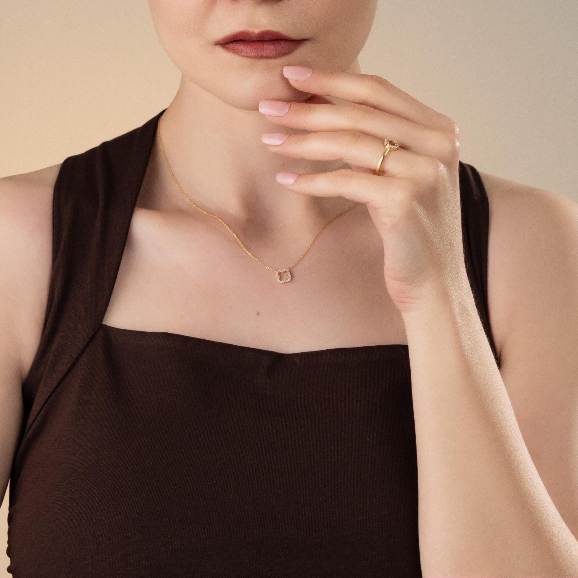 Elegant Four Leaf Clover Jewelry Set , Dainty Necklace And Ring For Good Luck , Symbol Of Luck & Love , Sparkling Good Luck Charm