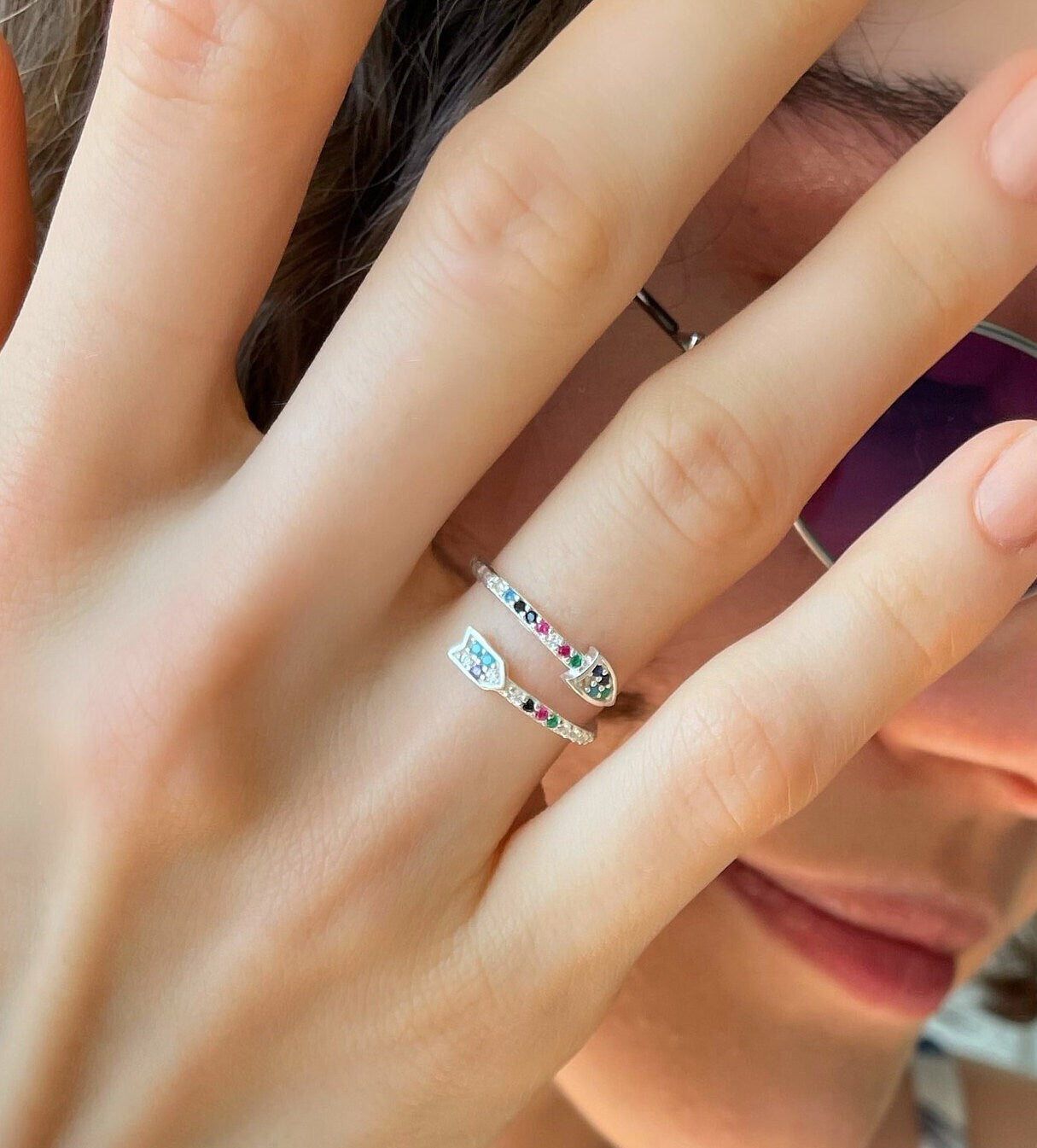 Multicolor Spiral Arrow Ring - Adjustable Silver Ring With Colorful Cz Gemstone - Minimalist & Elegant Jewelry -