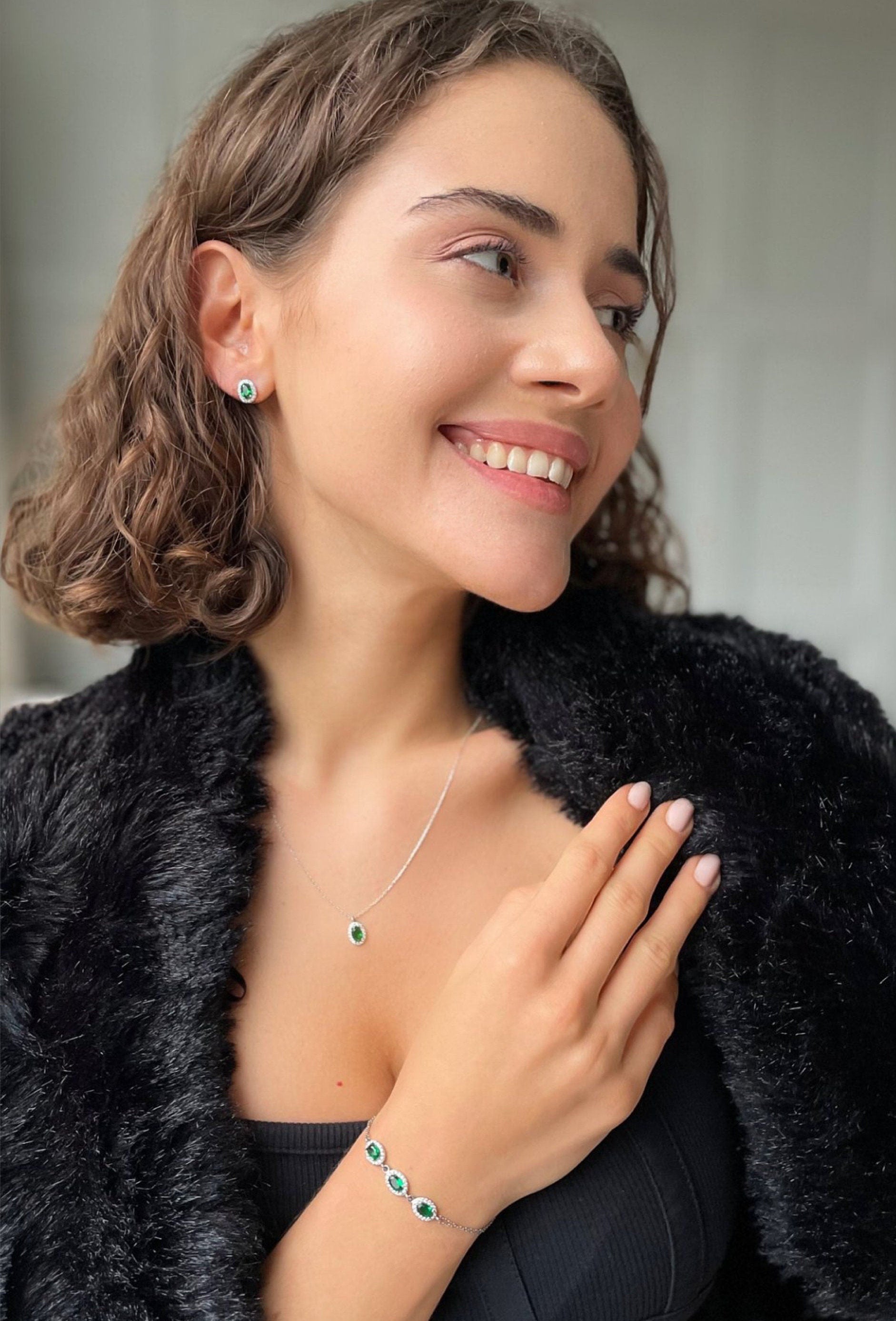 Sparkling Emerald Jewelry Set - Oval Cut Green Gemstone Necklace, Bracelet And Earrings - Dainty Sterling Silver Jewelry Set For Women