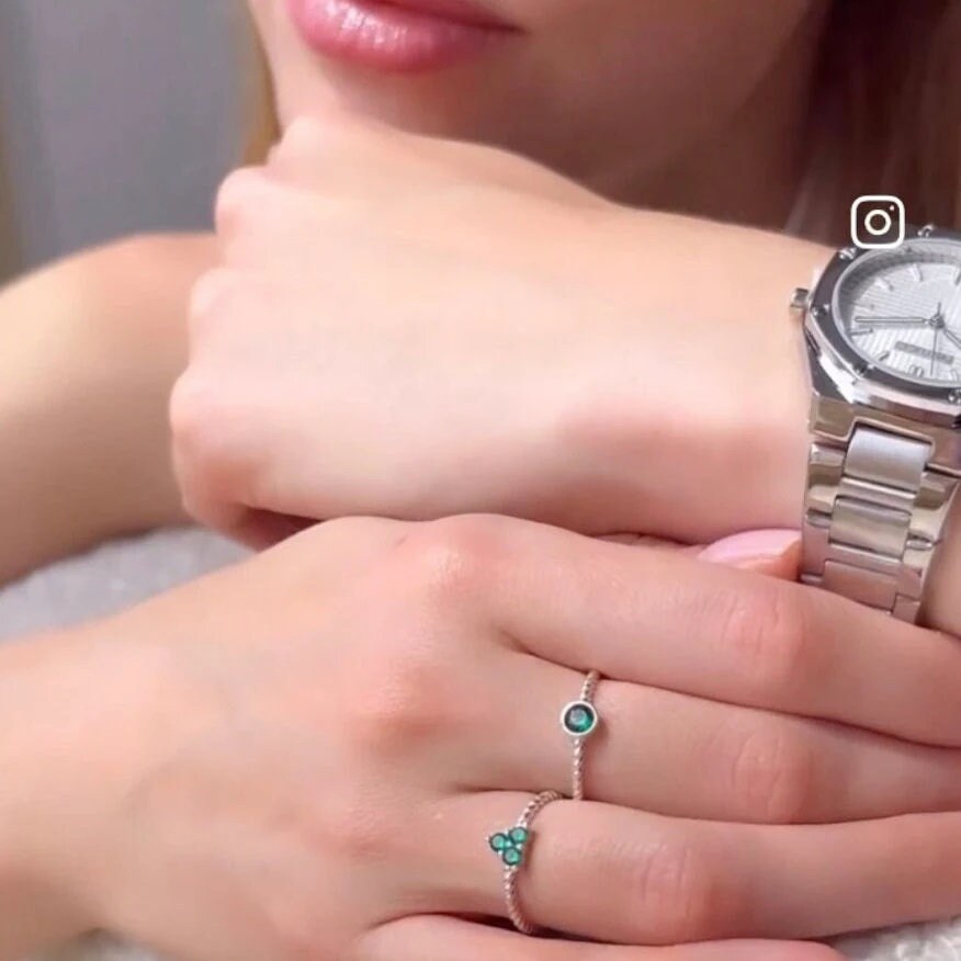 Emerald Solitaire Ring - Sterling Silver Stackable Ring - Emerald Stone Tiny Silver Band Ring - Handmade Gift - Adjustable Ring