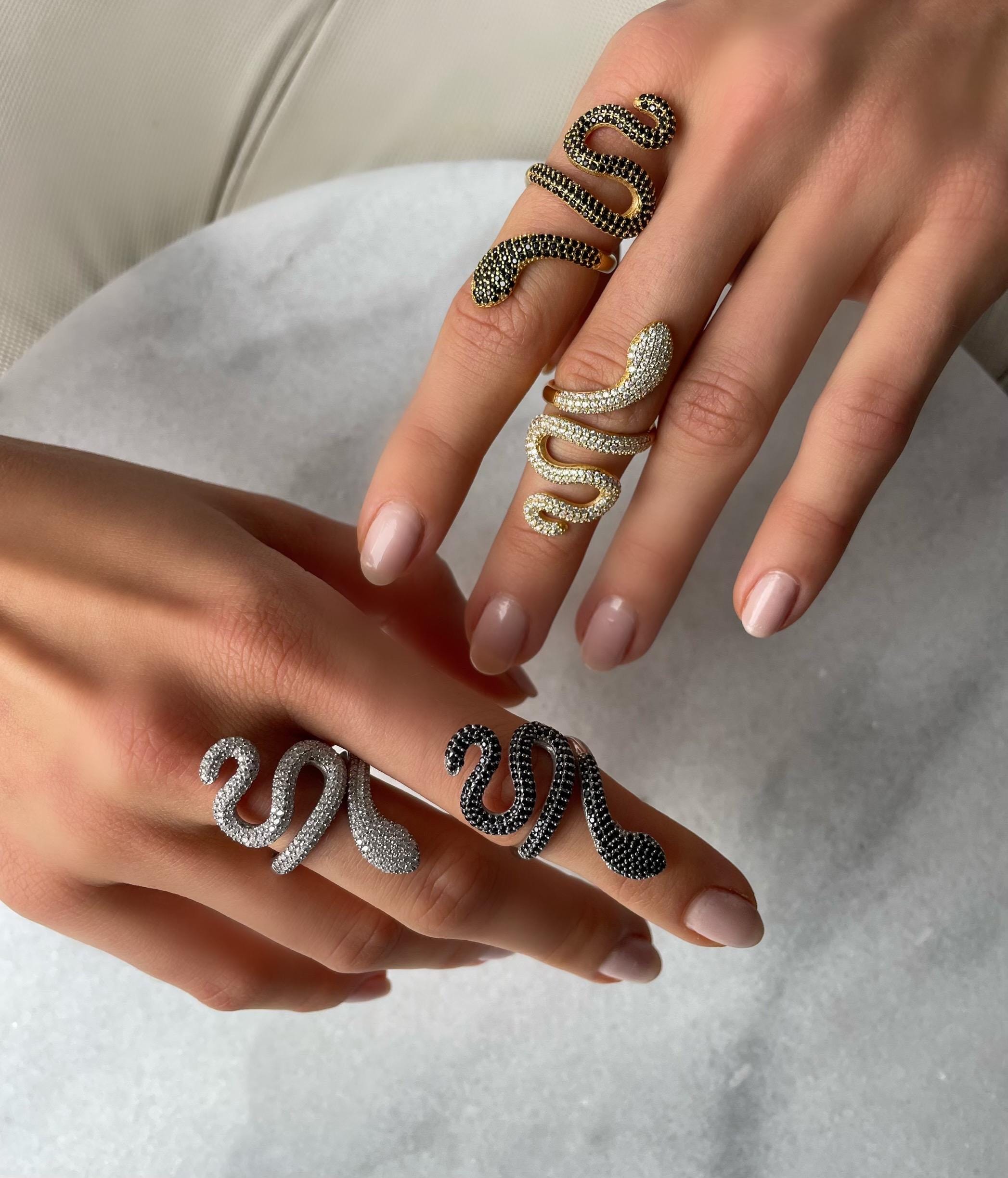 Glamorous Snake Ring - Gold And Silver Pave Snake Statement Ring - Cz Adjustable Snake Ring - Twisted Snake Ring - Serpent Design Jewelry