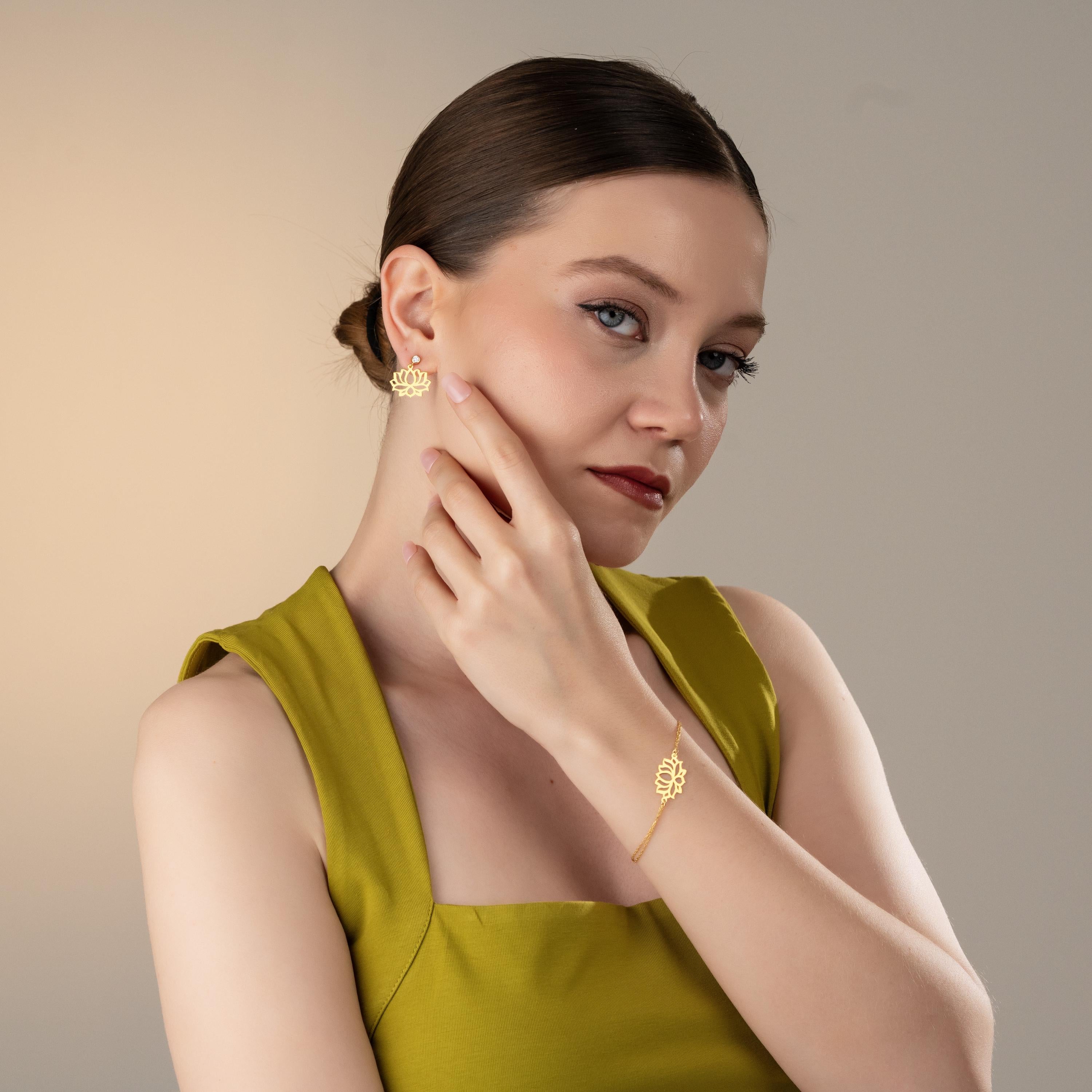 Gold Lotus Flower Jewelry Set, Dainty Bracelet & Earrings