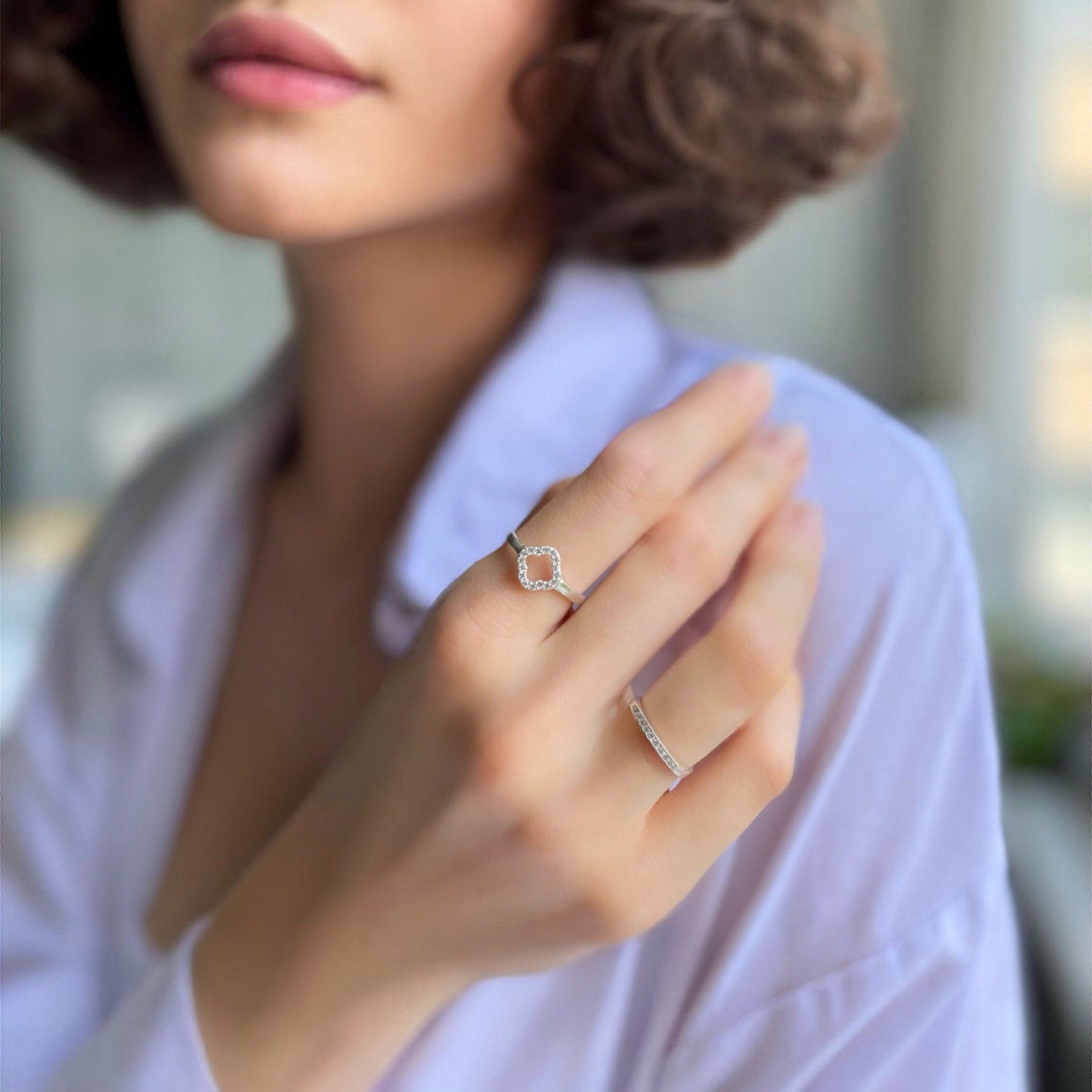 Rose Gold Signet Bar Ring With Zirconia - Minimalist Geometric Ring - Flat Top Cz Ring - Dainty Silver Jewelry For Women - Engagement Ring