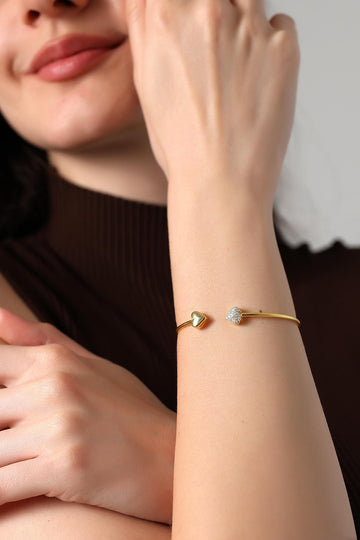 Gold Heart Open Cuff Bracelet, Dainty Adjustable Bangle For Women, Sparkling Heart Charm Bangle, Chic Gold Minimalist Jewelry,