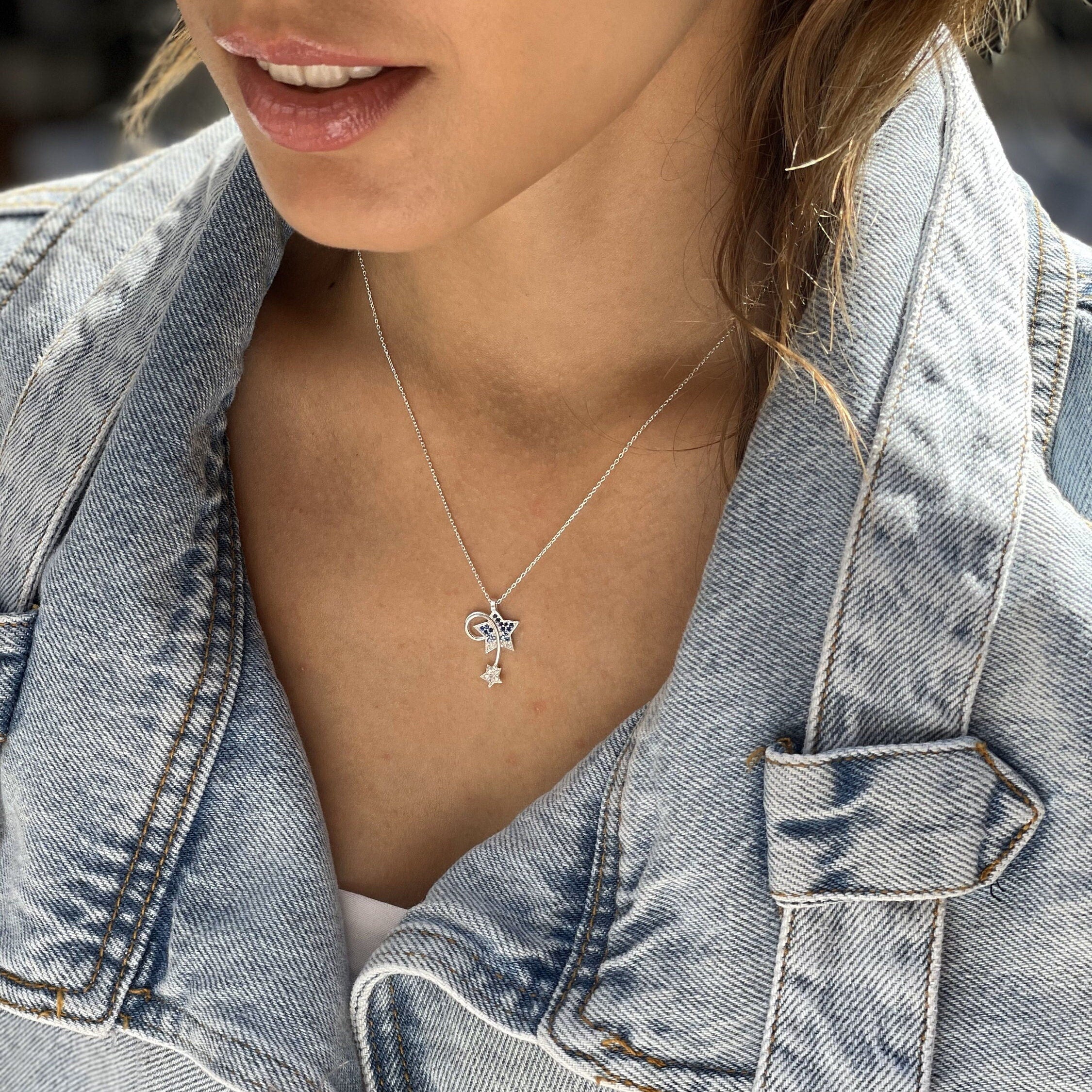 Minimalist Comet Necklace - Blue Gemstones Star Necklace - Shooting Star Necklace - Celestial Jewelry - Sterling Silver Jewelry