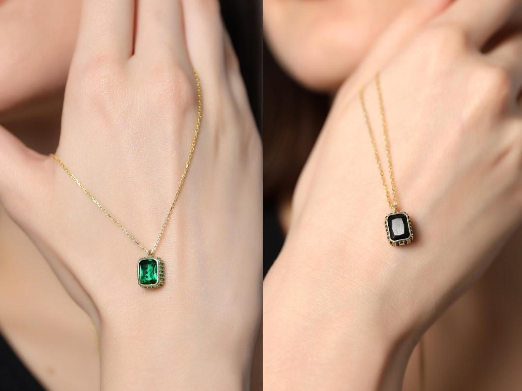 Baguette Cut Emerald Necklace , Gold Framed Gothic Black Gem Pendant , Handmade Timeless Jewelry , Emerald Cut Solitaire Silver Necklace
