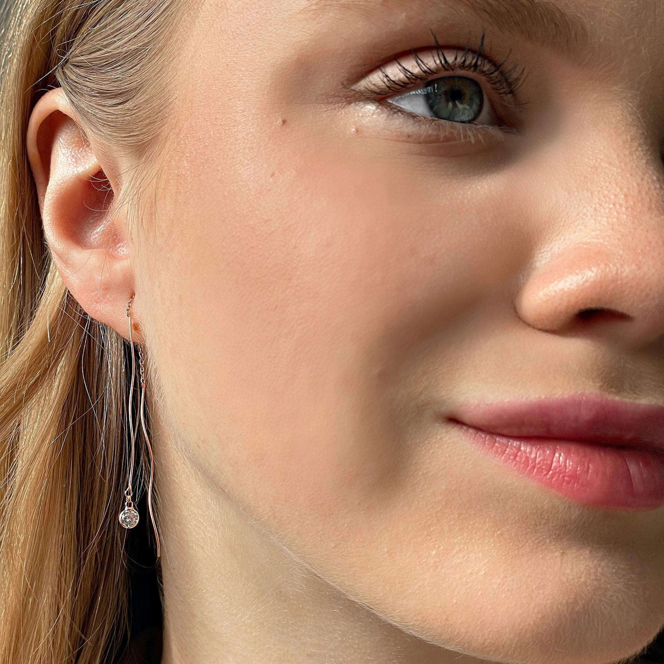 Gemstone Threader Earrings With Long Dangle Chains - Rose Gold Threader Earwires - Unique & Elegant Earrings - Sterling Silver Earrings