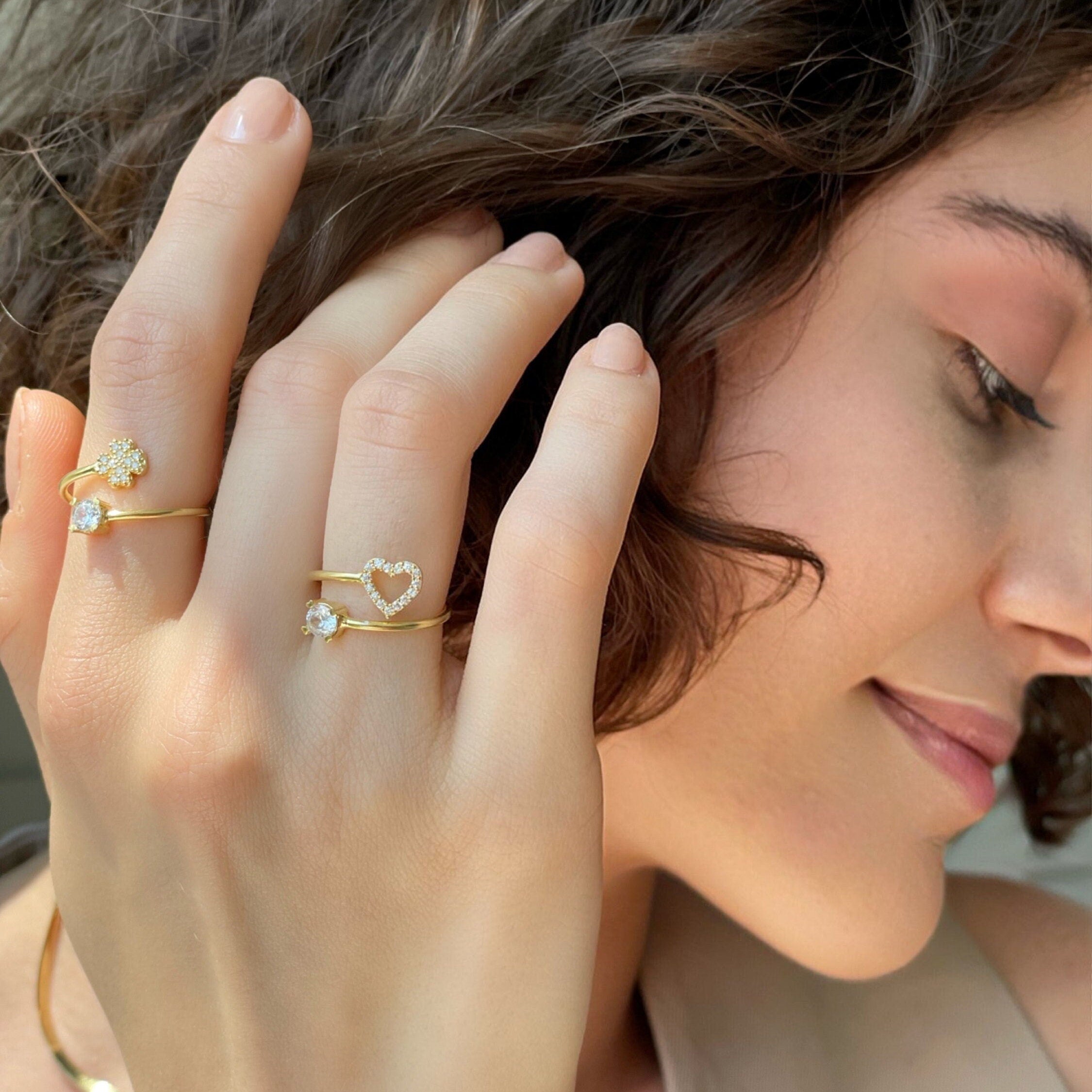 Multi Layer Thumb Cz Flower Spiral Ring - Gold Color Open Adjustable Ring - Delicate Sterling Silver Jewelry - Stunning Ring For Women