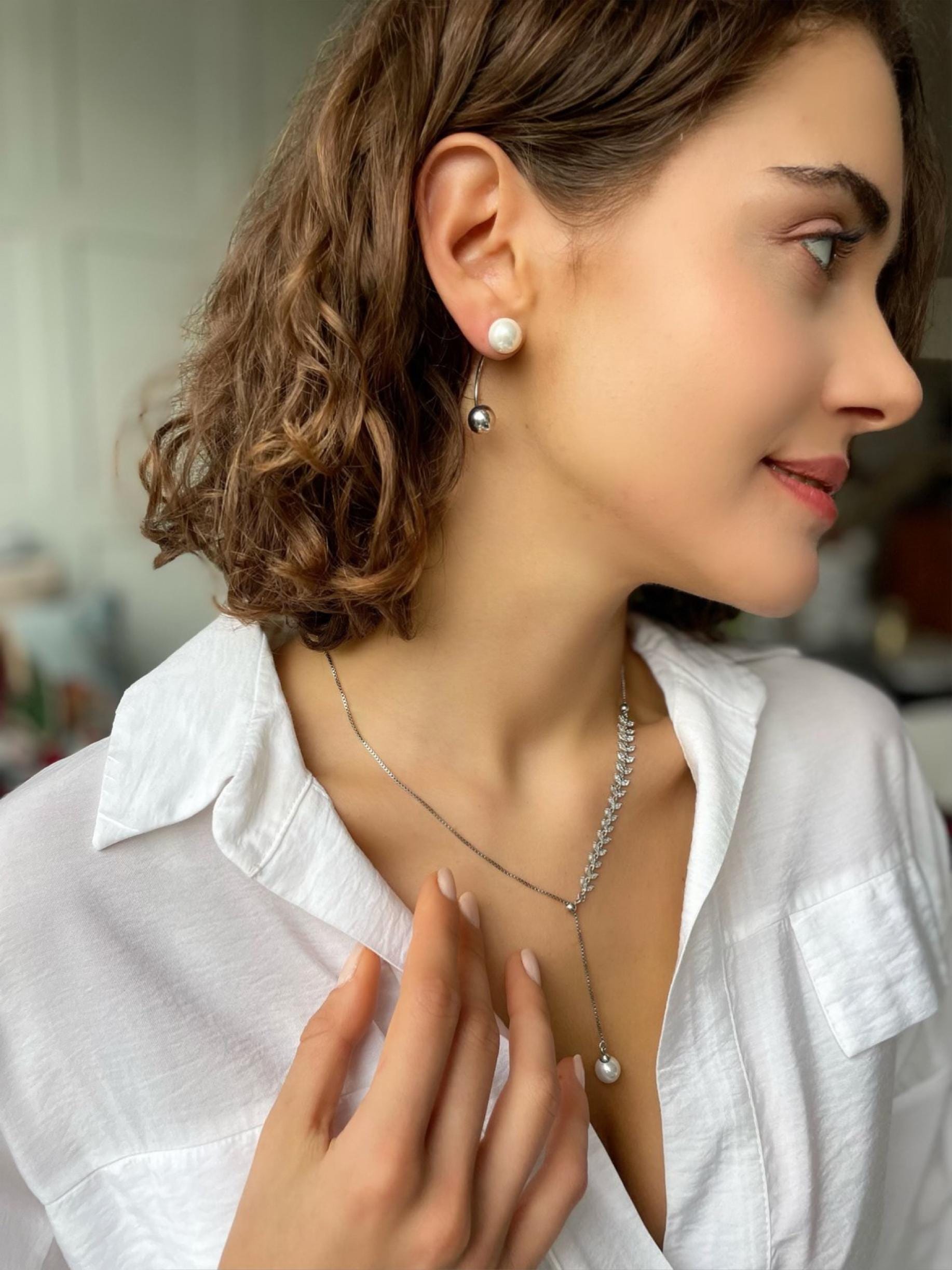 Custom Design Silver & Pearl Jewelry Set - Adjustable Slider Chain Necklace And Pearl Earrings - Valentine’s Day Gift