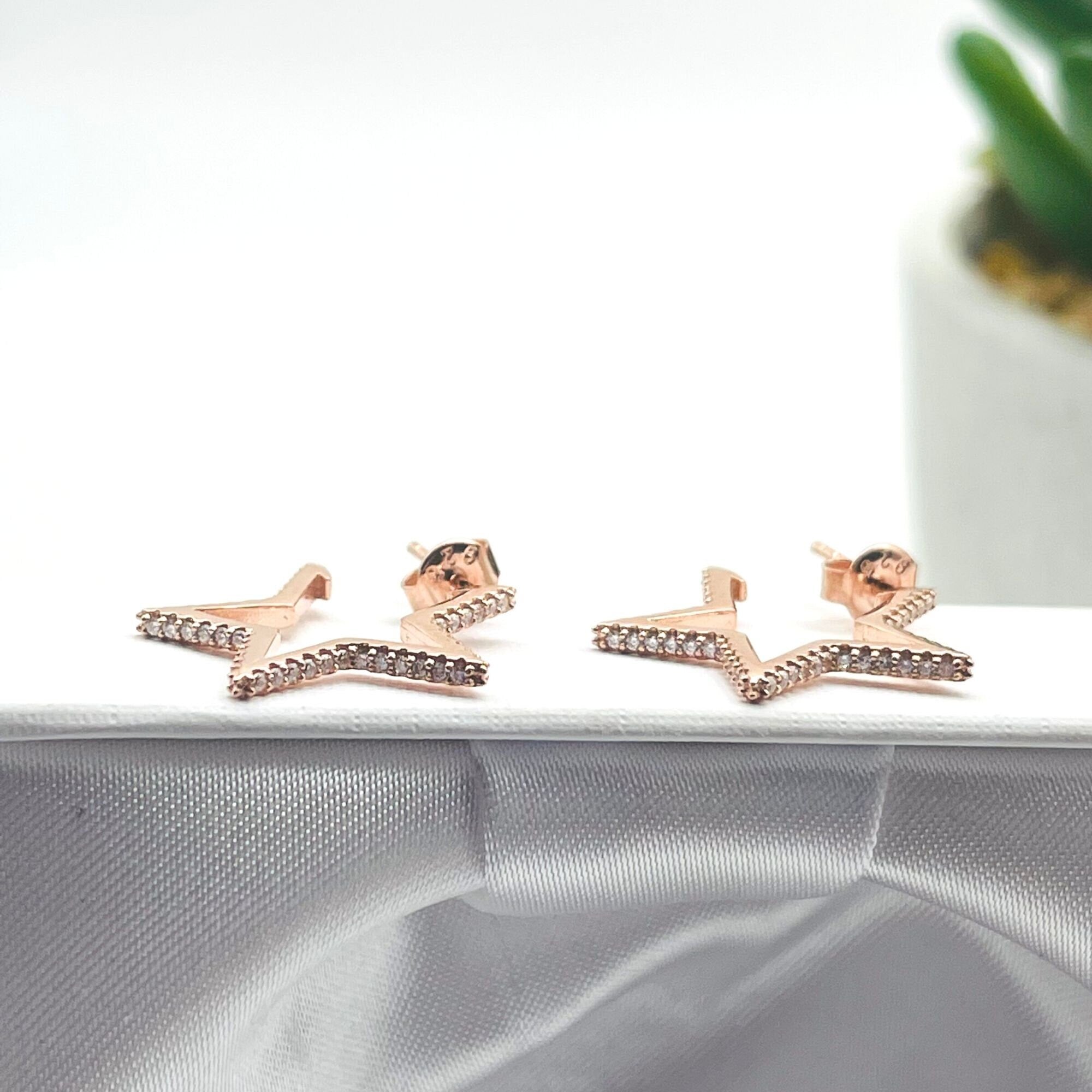 Star Shape Stud Earrings - Dazzling Star Earrings - Minimalist Rose Gold Color Star Earrings - Sterling Silver Jewelry