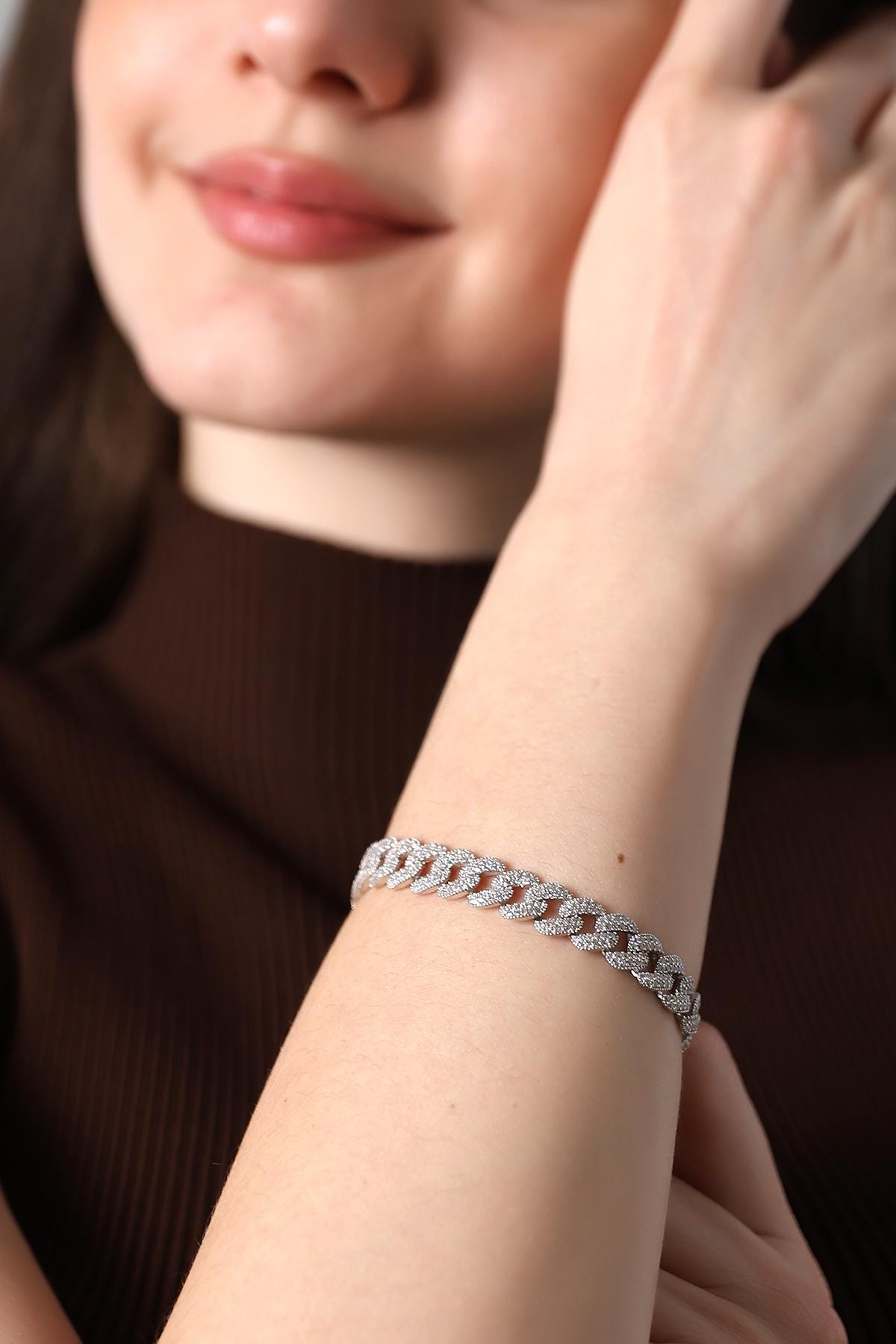 Iced Out Cuban Link Bracelet , Bling Cuban Chain Bracelet , Elegant Rhinestone Chain, Silver Zirconia Bracelet , Statement Jewelry For Women