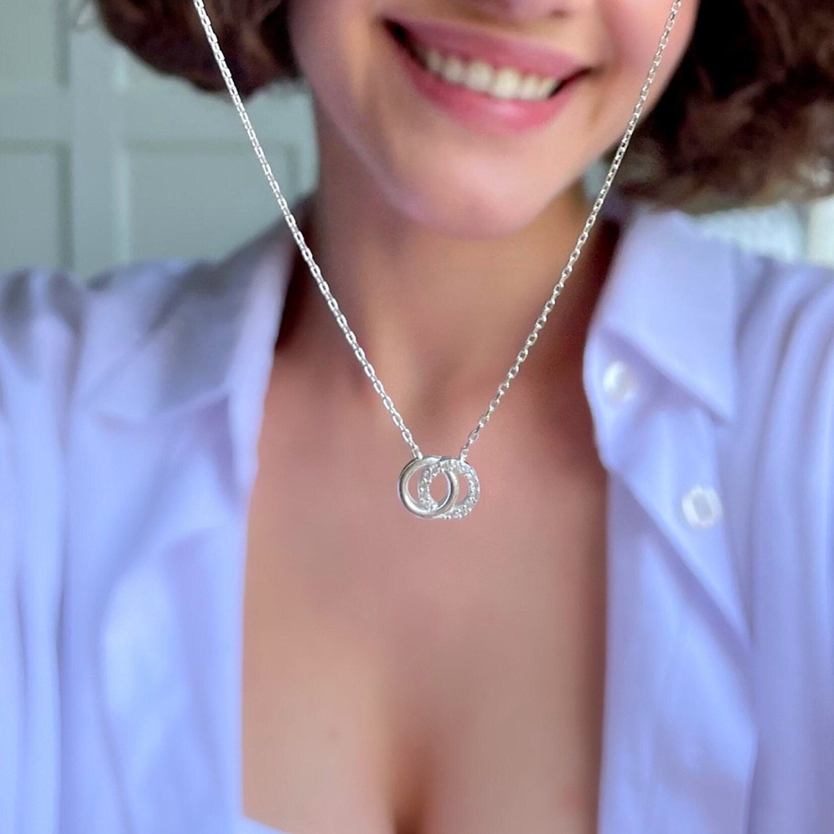 Sterling Silver Double Ring Necklace -togetherness Eternal Ring Necklace - Cz Double Circle Linked Necklace -