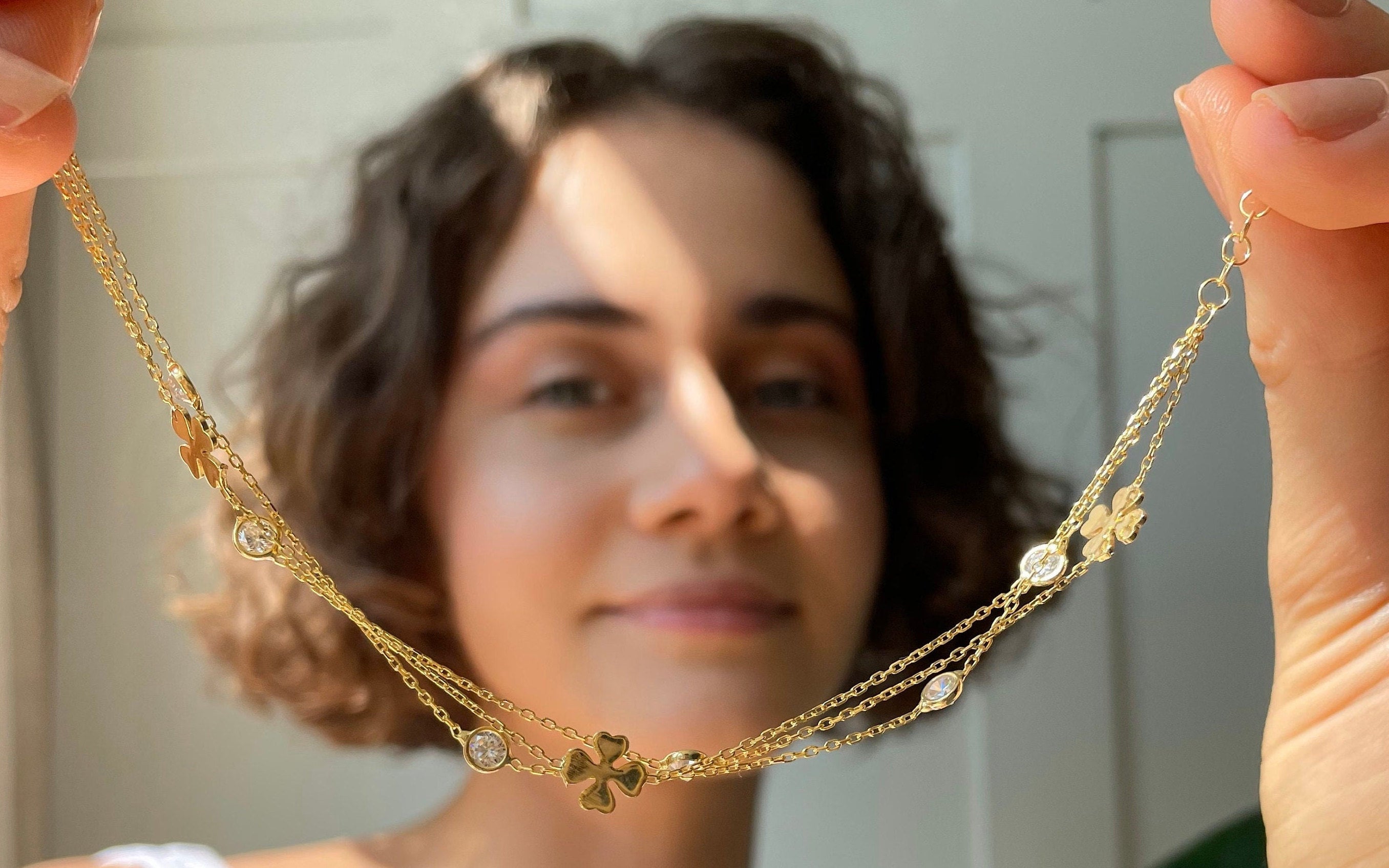 Gold Color 3 Layer Chain Bracelet - Multi-row Shamrock & Cz Bezel Bracelet - 3 Layer Four Leaf Clover Bracelet With Round Zirconia