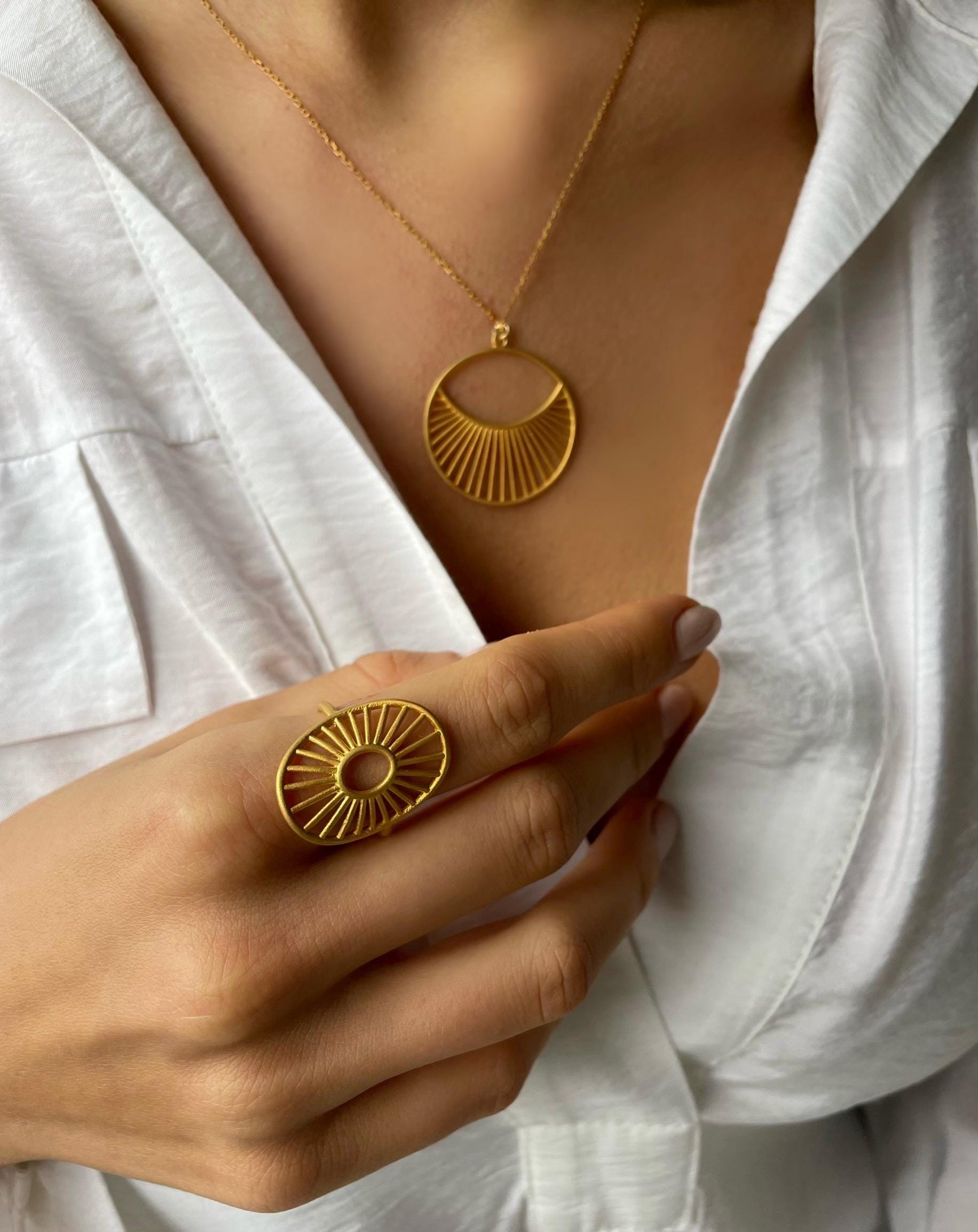 Antique Gold Plated Daylight Jewelry Set - 925 Sterling Silver Jewelry Set - Daylight Necklace, Ring And Earrings -