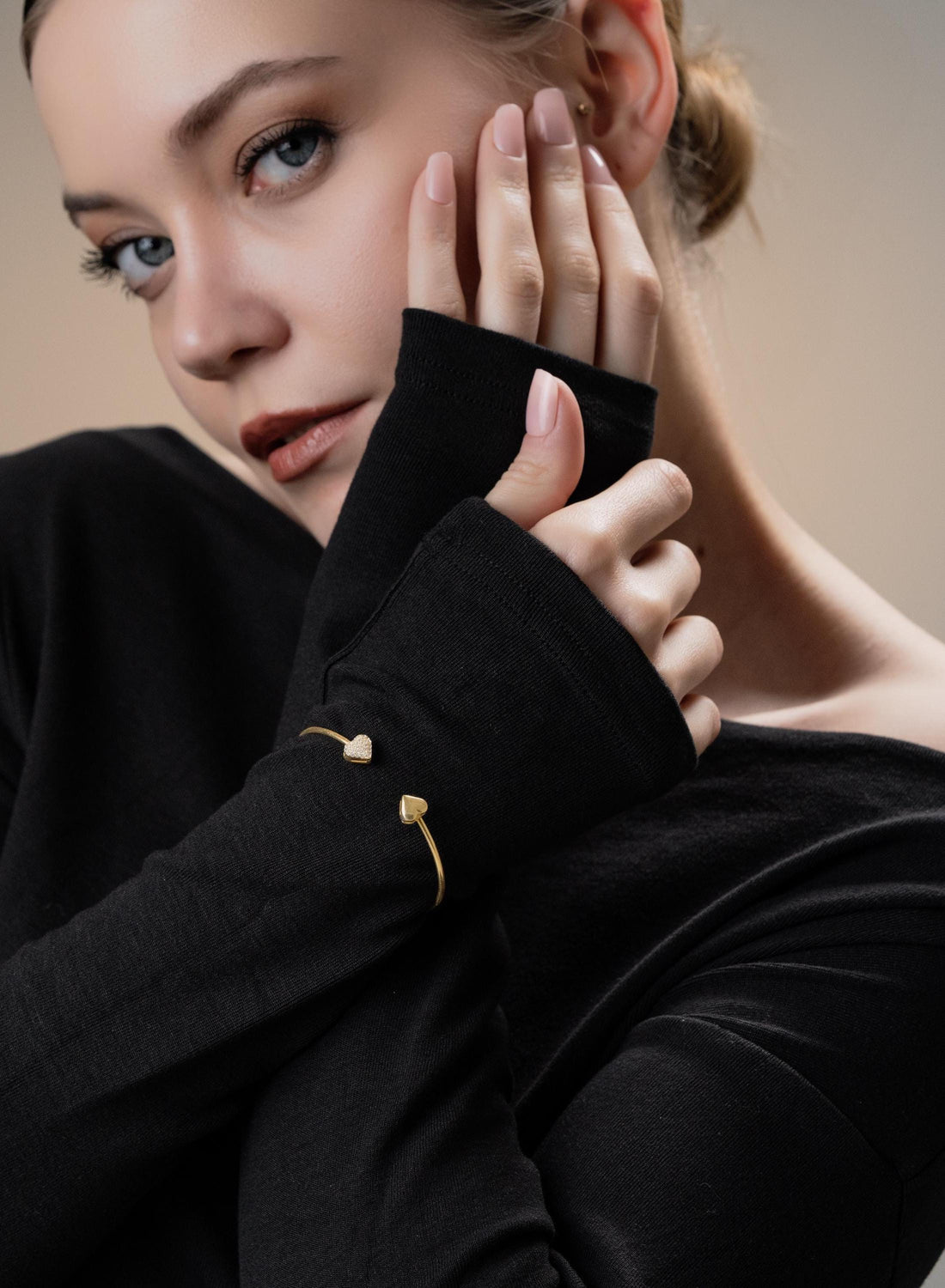 Romantic Gold Heart Bracelet , Pavé Heart Cuff , Dainty Heart Bracelet , Elegant Gold Bracelet , Handmade ,