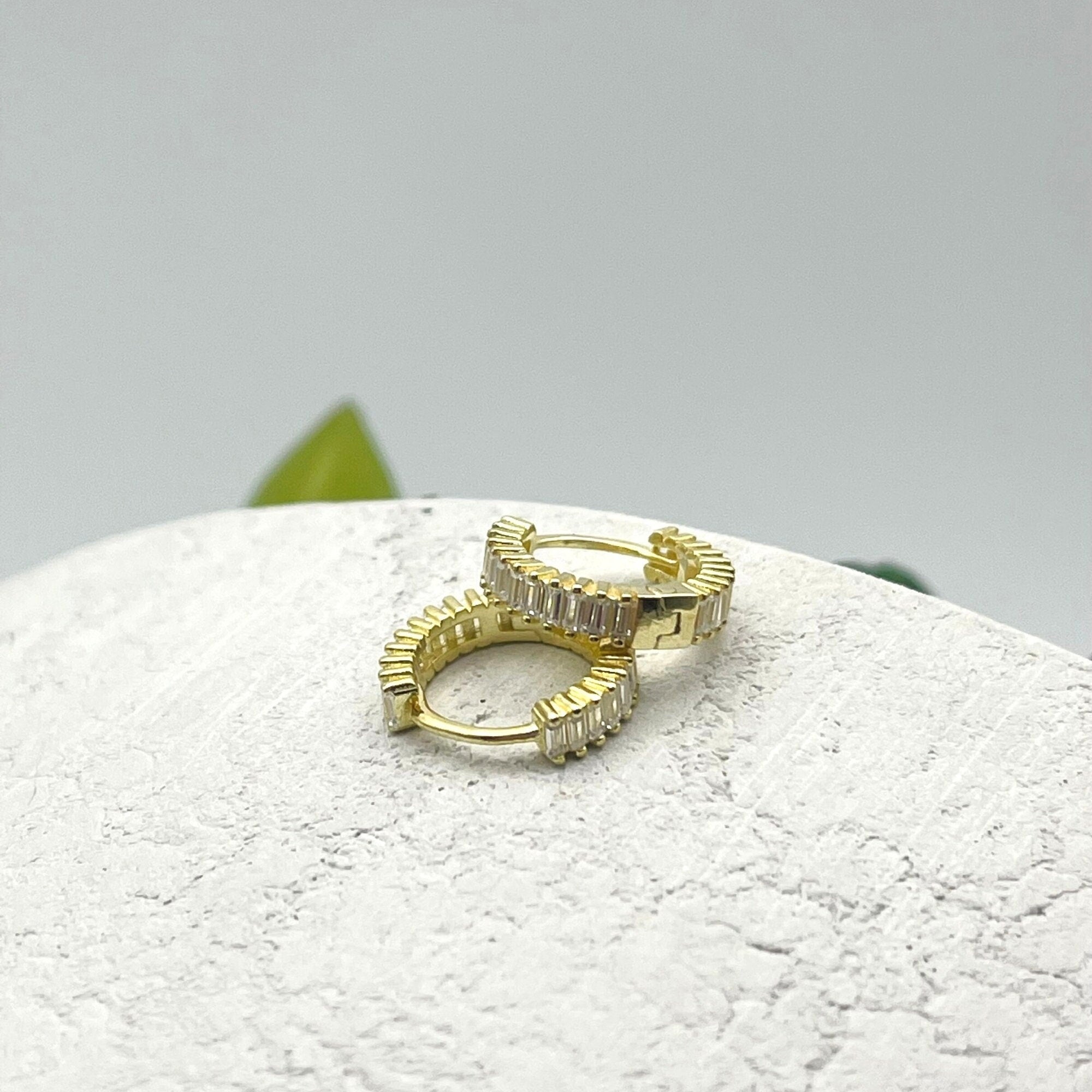 Tiny Baguette Hoop Earrings - Silver/gold Baguette Earrings - Baguette Huggies - Tiny Huggies - Pave Earrings - Minimalist Hoops
