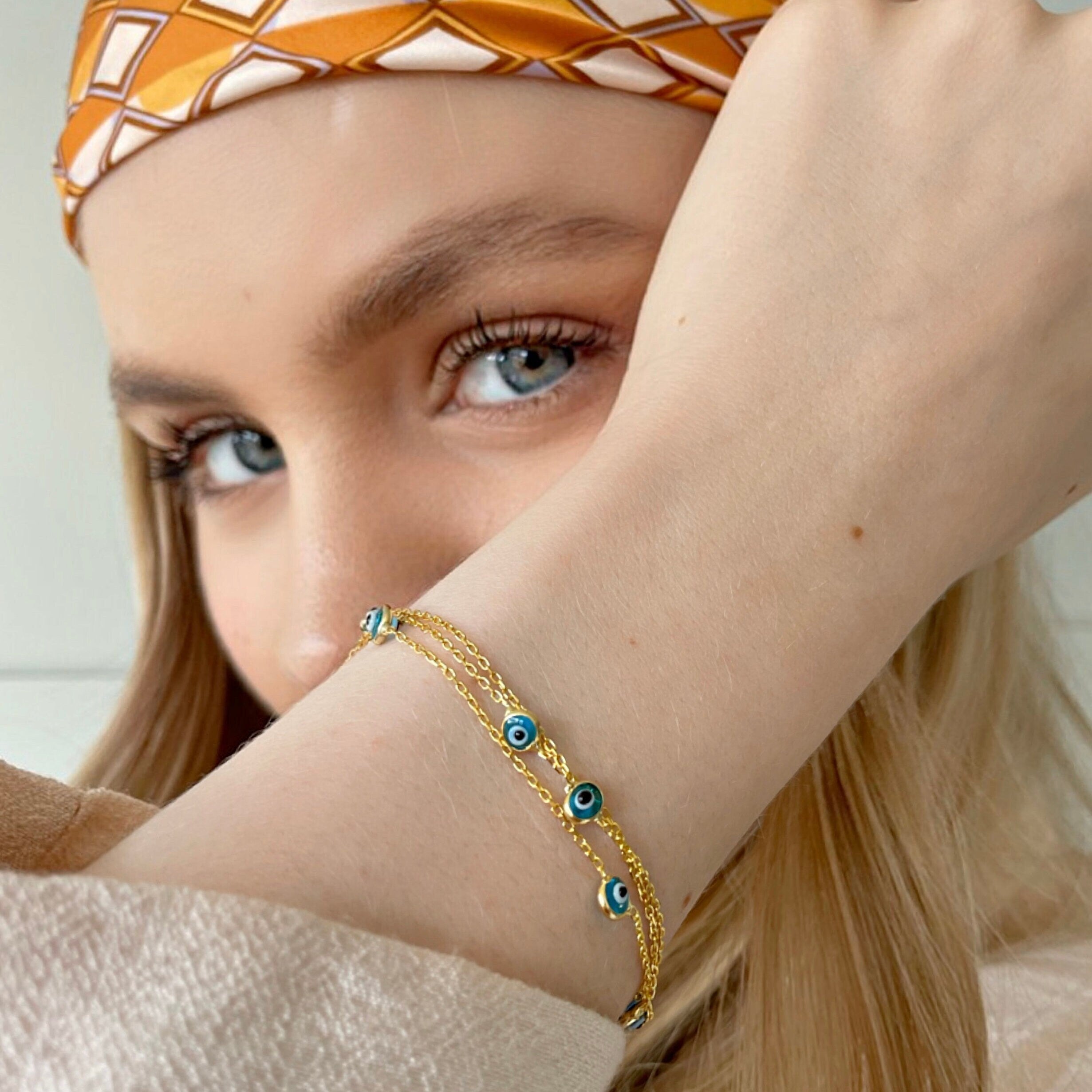 Evil Eye Bracelet With Blue Beads - Spiritual Bracelet - Gold Color Triple Chain Jewelry - Protection & Positive Energy - Summer Jewelry