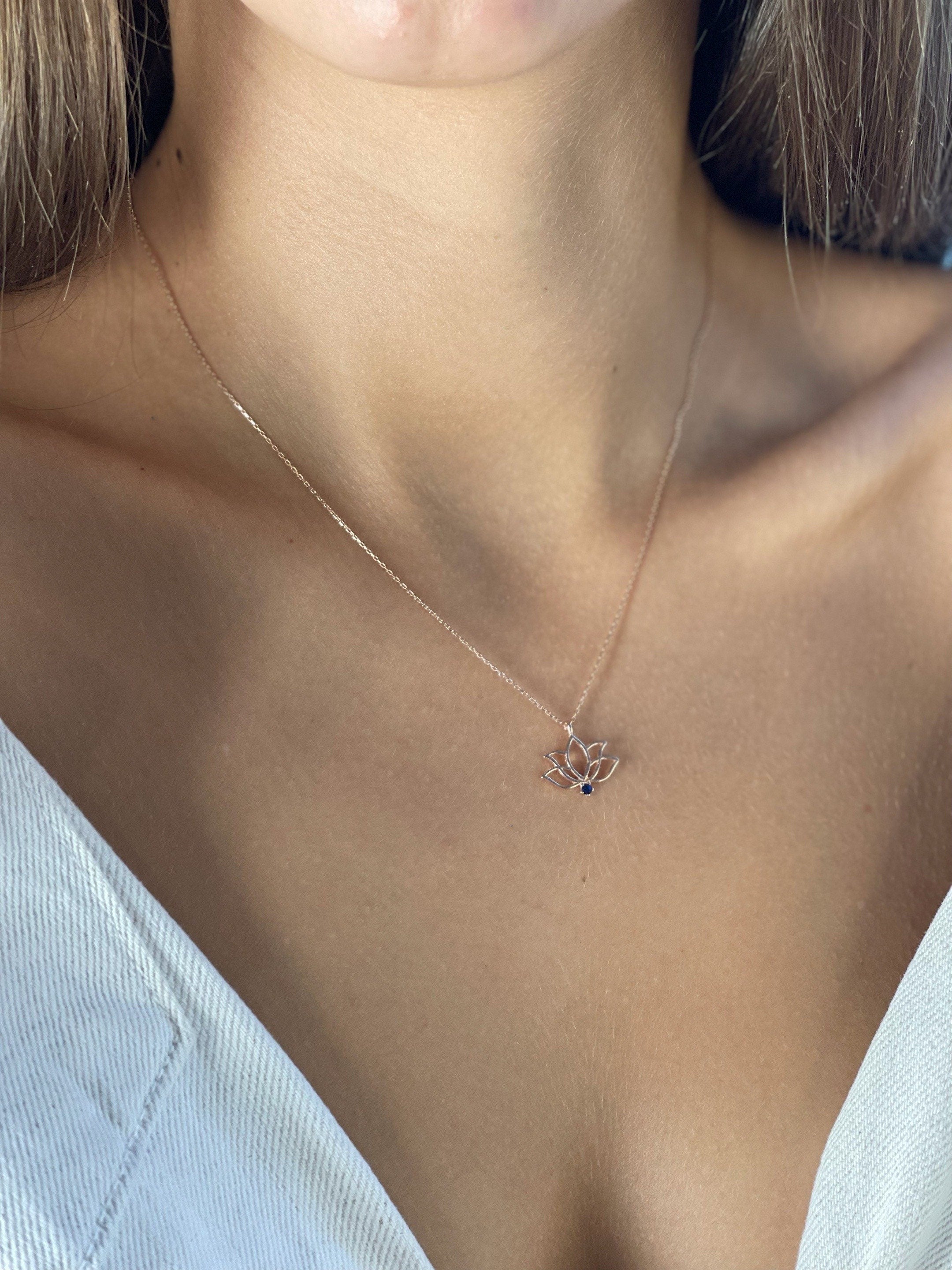 Lotus Flower Necklace, 925 Sterlin Silver Yoga Pendant, Rose Gold Zen Necklace With Tiny (2mm) Navy Gemstone, Necklace For Yogi