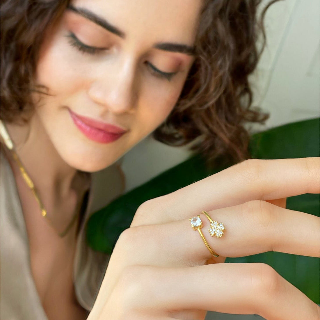 Multi Layer Thumb Cz Flower Spiral Ring - Gold Color Open Adjustable Ring - Delicate Sterling Silver Jewelry - Stunning Ring For Women