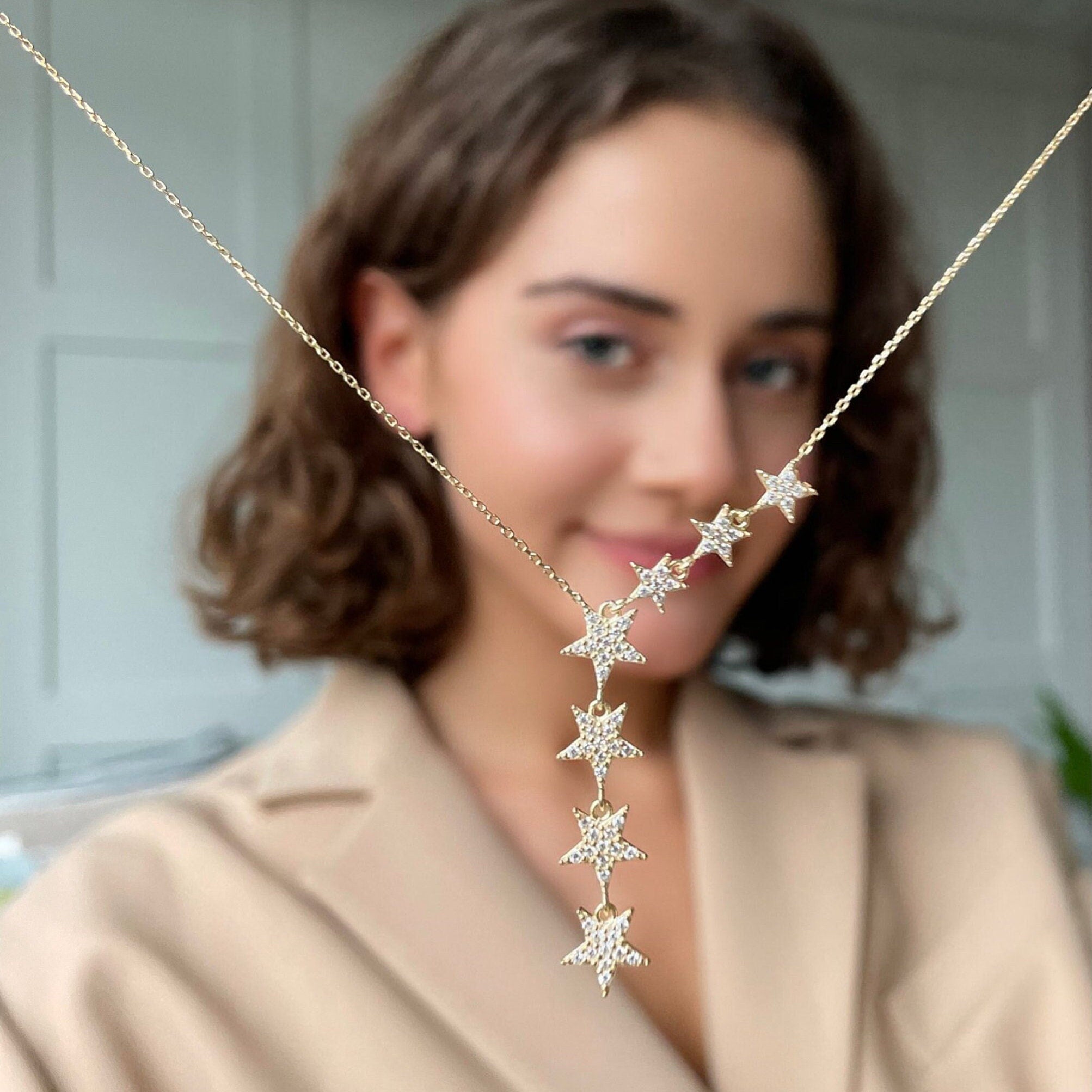 Gold Color Star Lariat Necklace - Asymmetric Y Shape Drop Star Pendant - Silver / Gold / Rose Gold Chain Options -