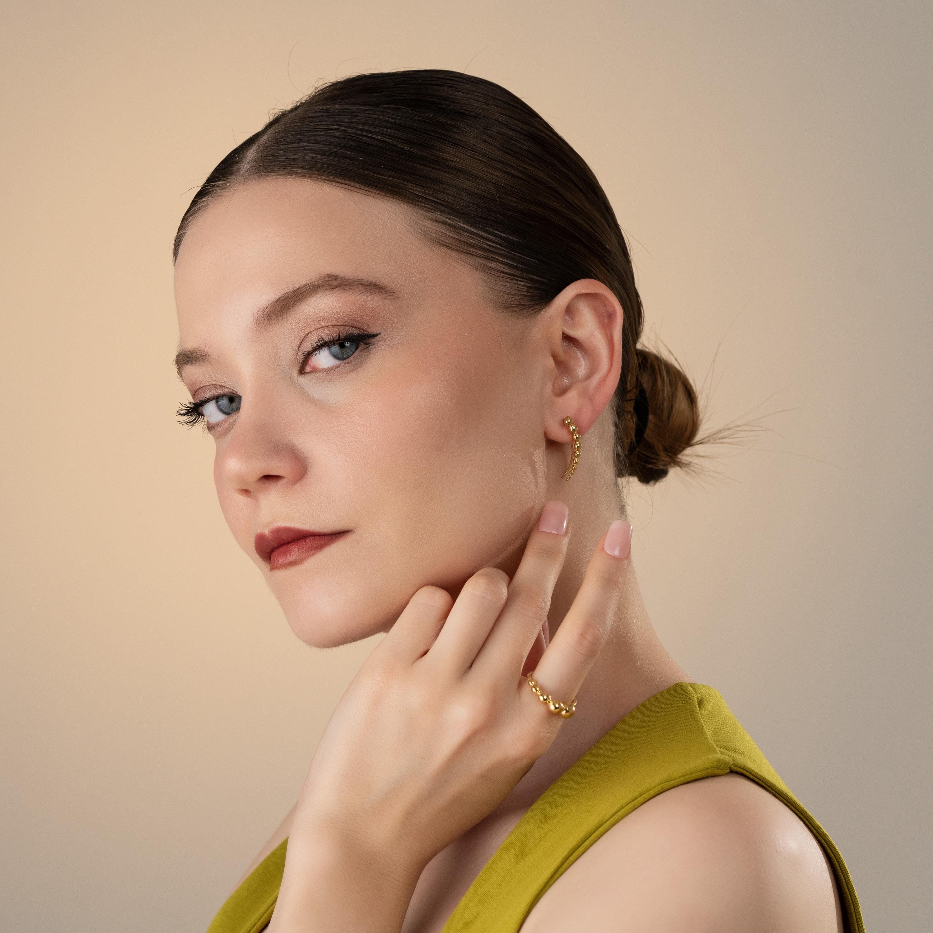 Sculptural Bead Cluster Jewelry Set , Bold Curved Earrings With Matching Ring , Elegant Bubble Jewelry Set , Unique Ring And Earring Design