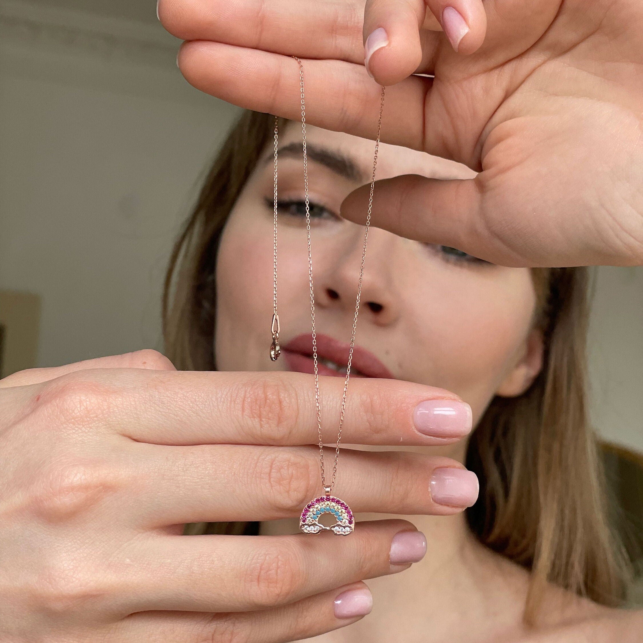 Rainbow Pendant Sterling Silver Necklace, Everyday Silver Necklace, Sterling Silver Jewelry, Summer Jewelry, Colorful Rainbow Cloud Necklace