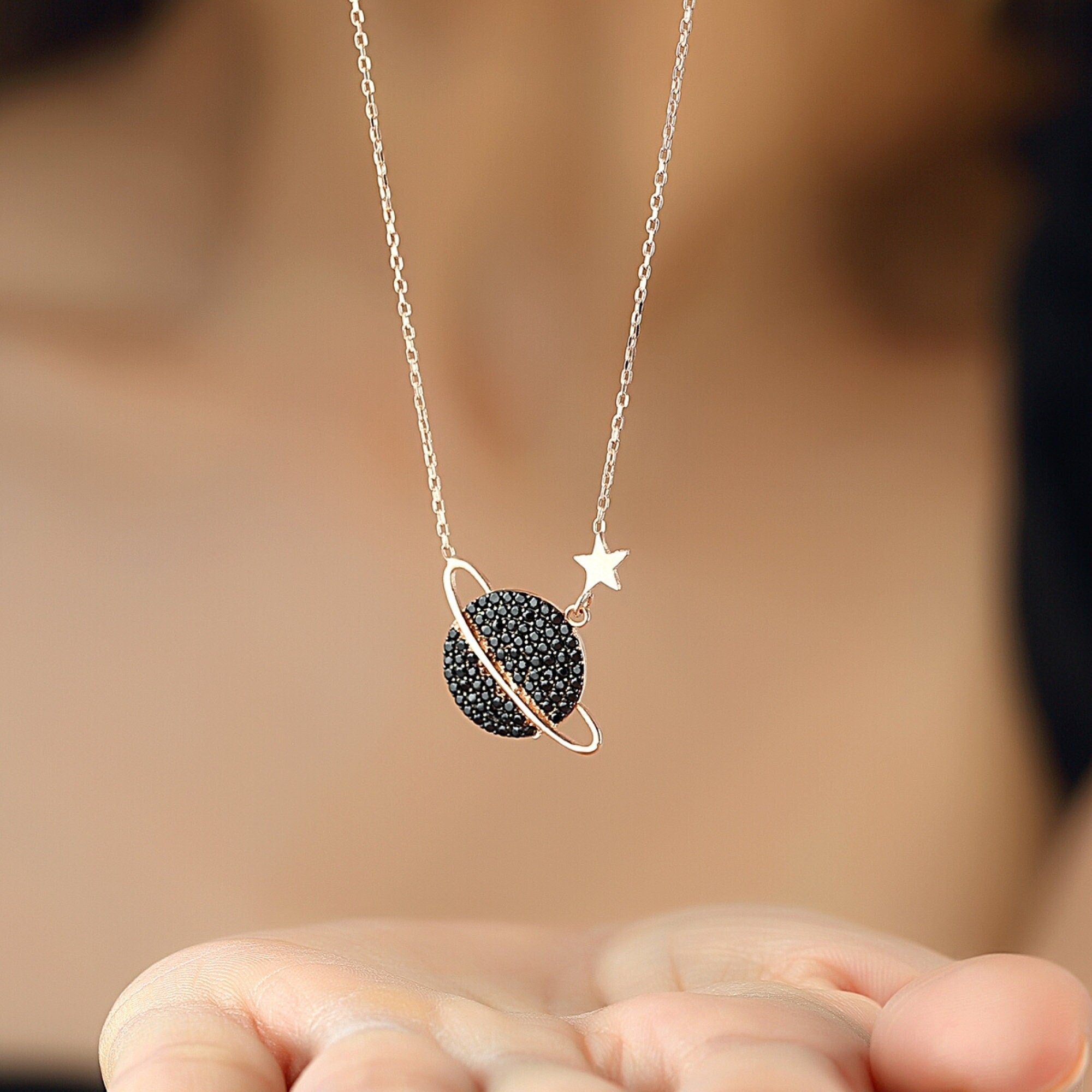 Galaxy Sterling Silver Necklace, Planet Star Jewelry Pendant, , Pave Necklace Personalized Gift, Delicate Silver Necklace