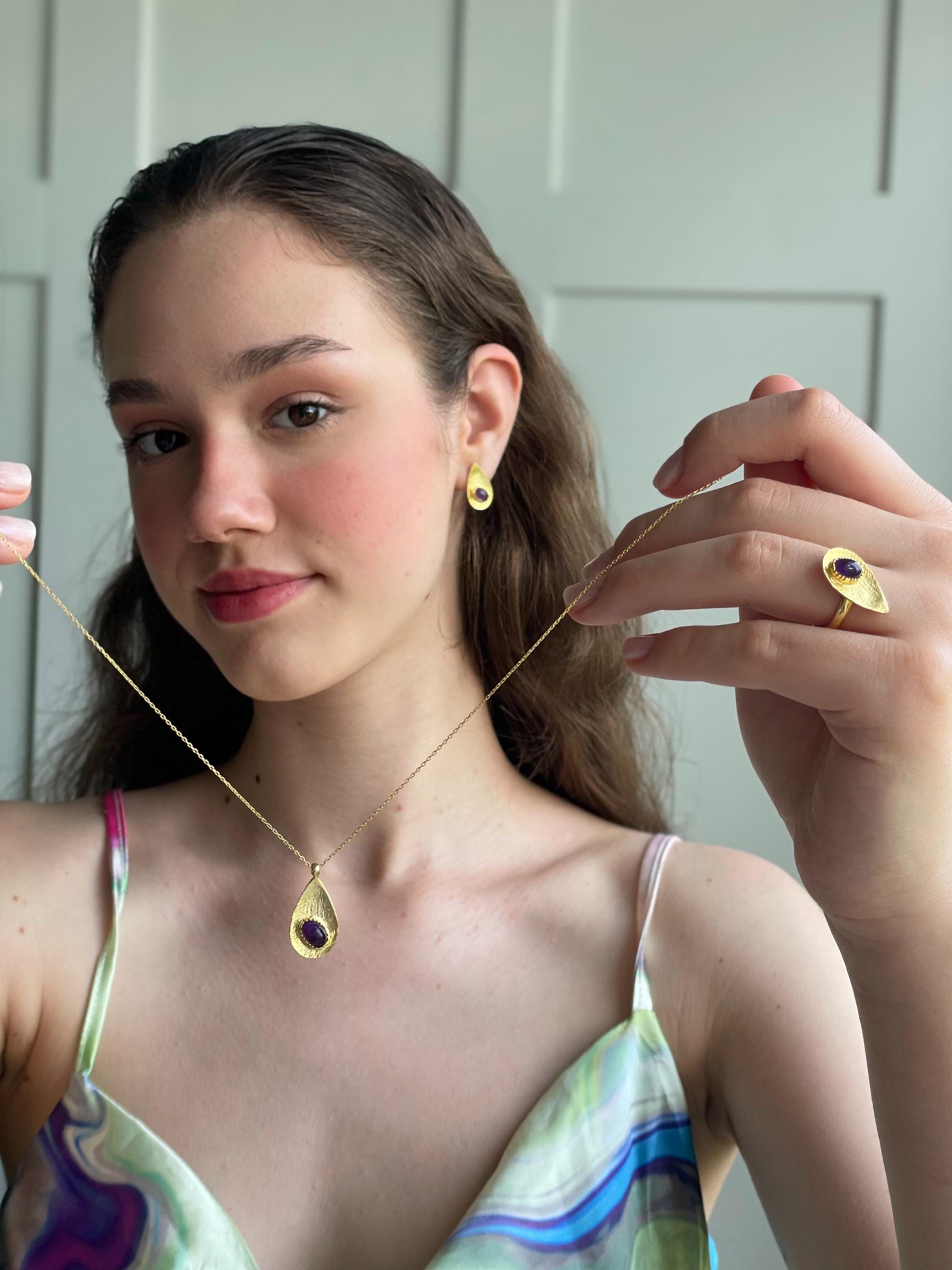 Handcrafted Silver Teardrop Birthstone Set - Necklace, Ring, Earrings - Large Teardrop Birthstone Trio Matching Set - Perfect Gift Idea