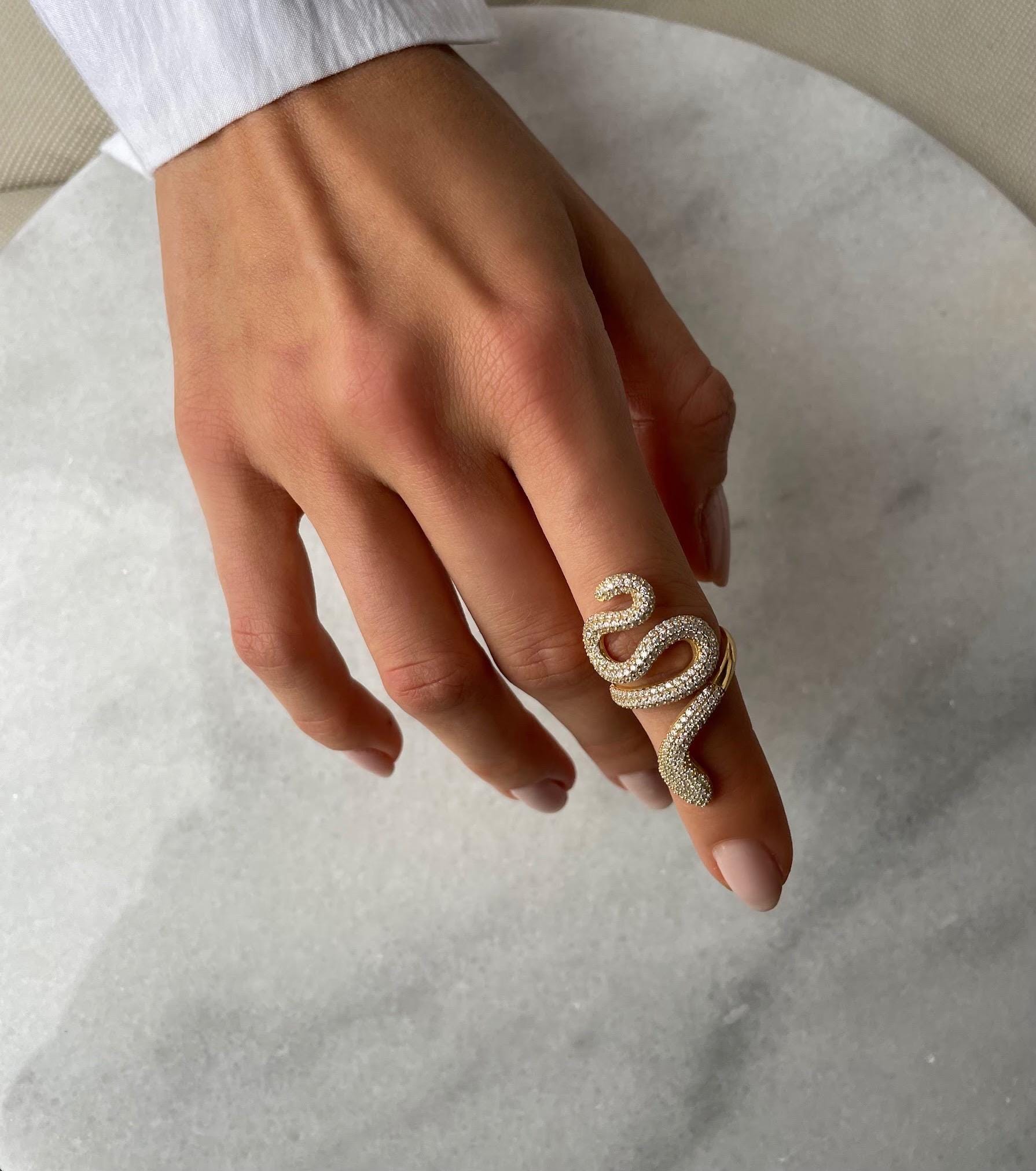 Glamorous Snake Ring - Gold And Silver Pave Snake Statement Ring - Cz Adjustable Snake Ring - Twisted Snake Ring - Serpent Design Jewelry