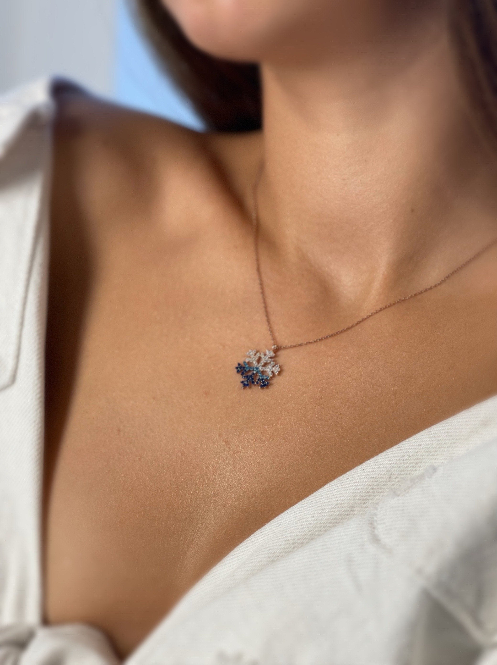 Silver Snow Flake Necklace, Modern Look Multicolor Cubic Zircon Pendant , Winter Present, Snow Flake Handmade Jewelry,