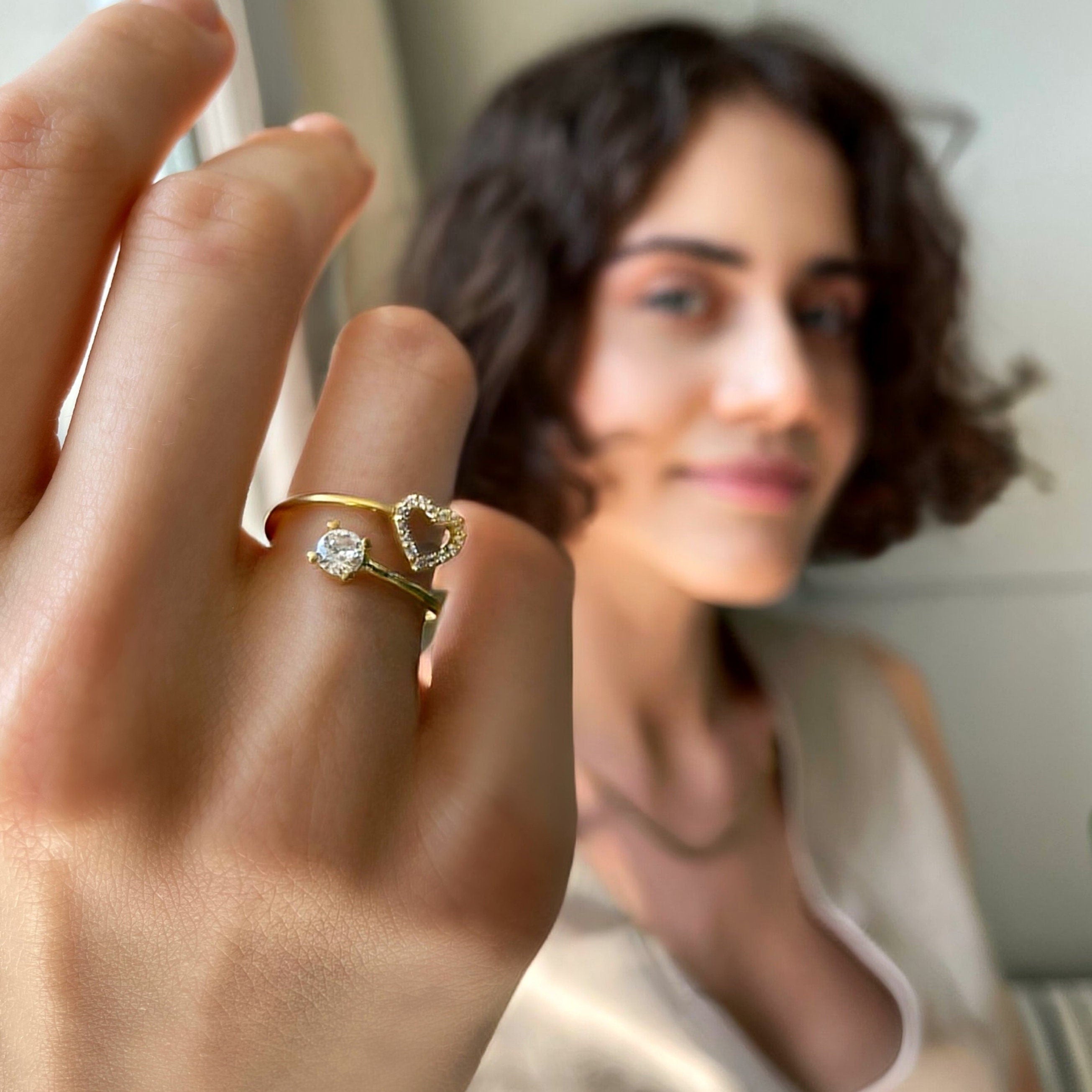 Marriage Heart Spiral Ring - Gold Plated Open Adjustable Ring - Dainty Sterling Silver Jewelry - Sparkling Heart Ring - Wedding Jewelry