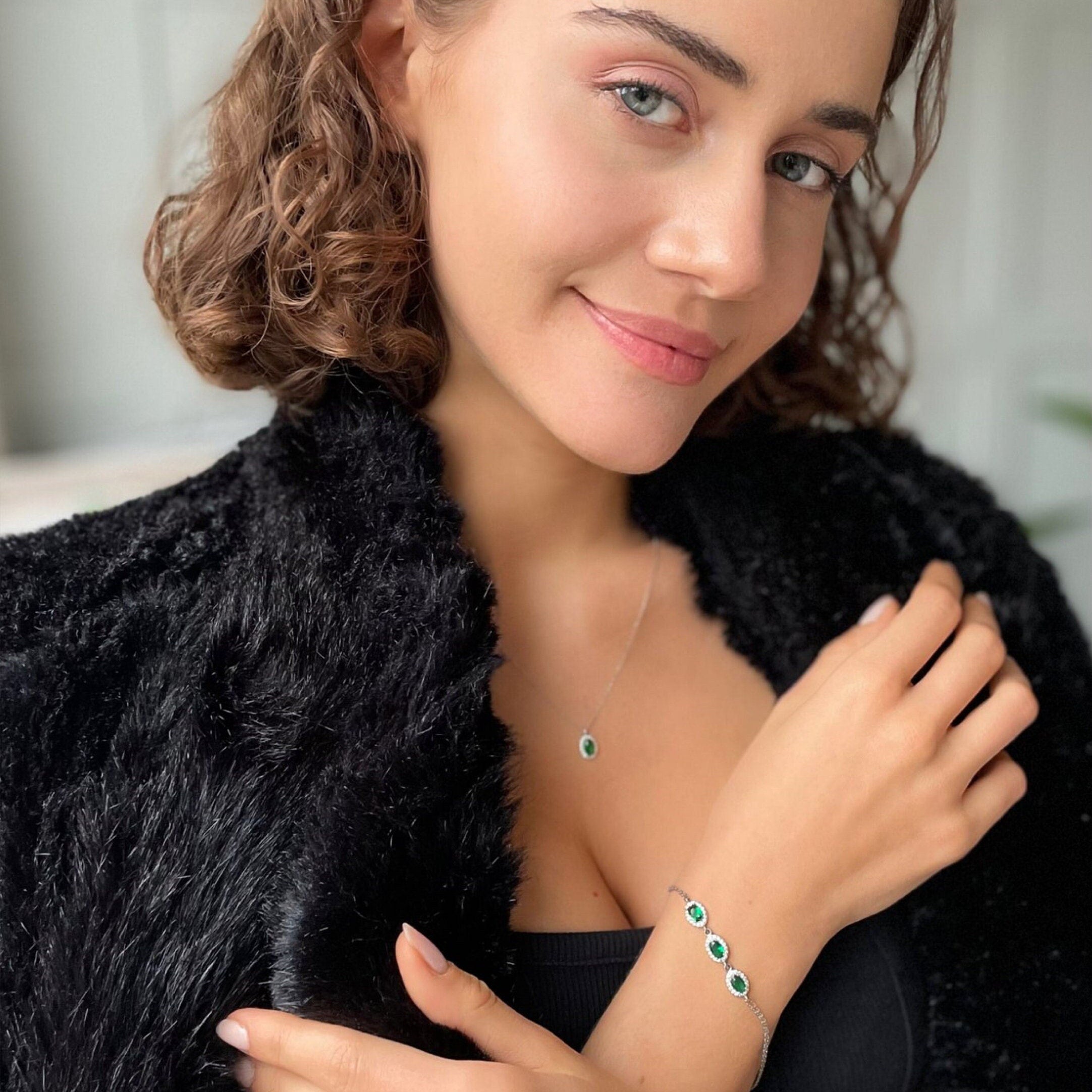 Triple Emerald Charm Bracelet - Sterling Silver & Dazzling Green Elegant Jewelry - Round-cut Emerald Beauty -