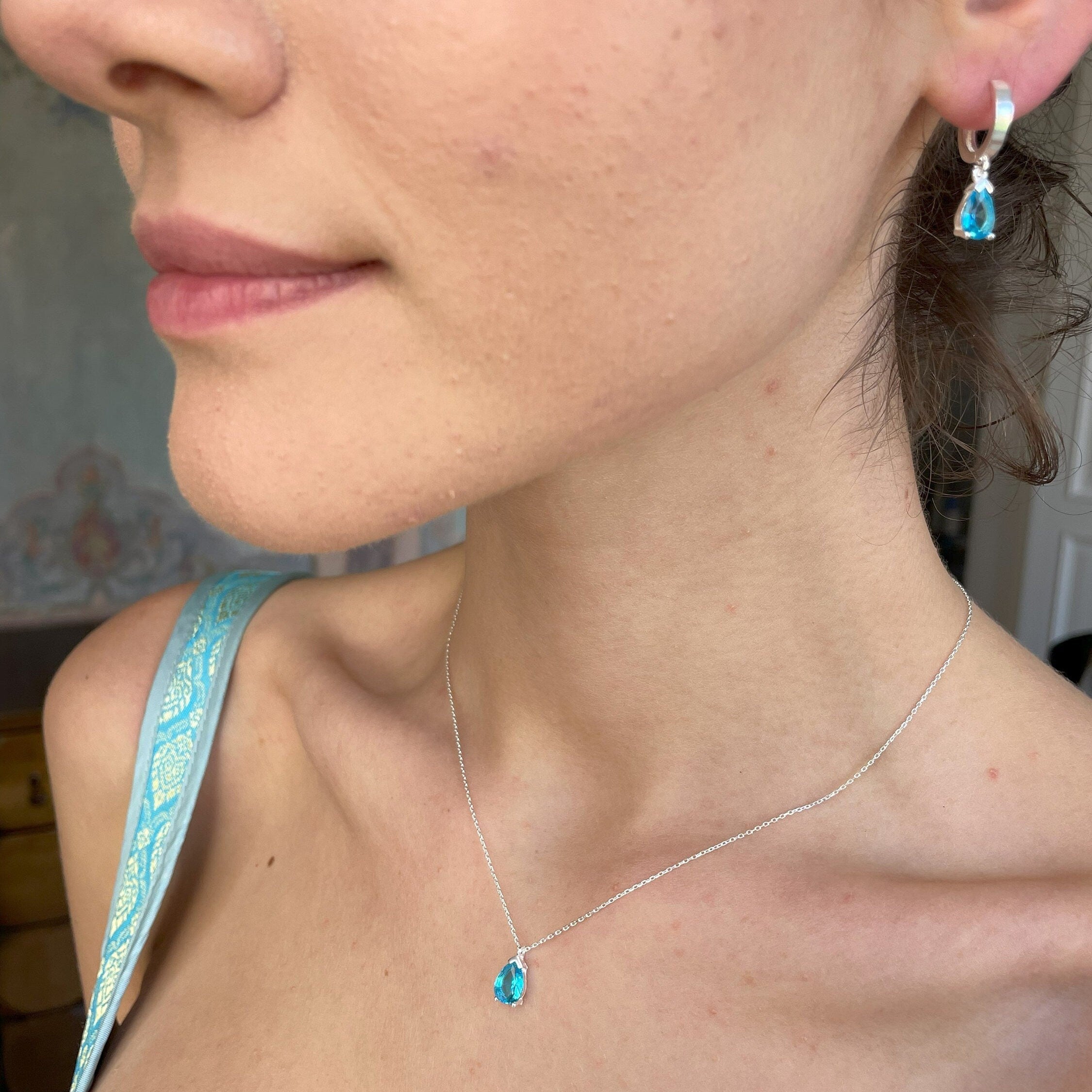 Birthstone Jewelry Set - Mothers Day Birthstone Gift - Blue Zircon Sterling Silver Necklace & Earrings - December / March Birthstone