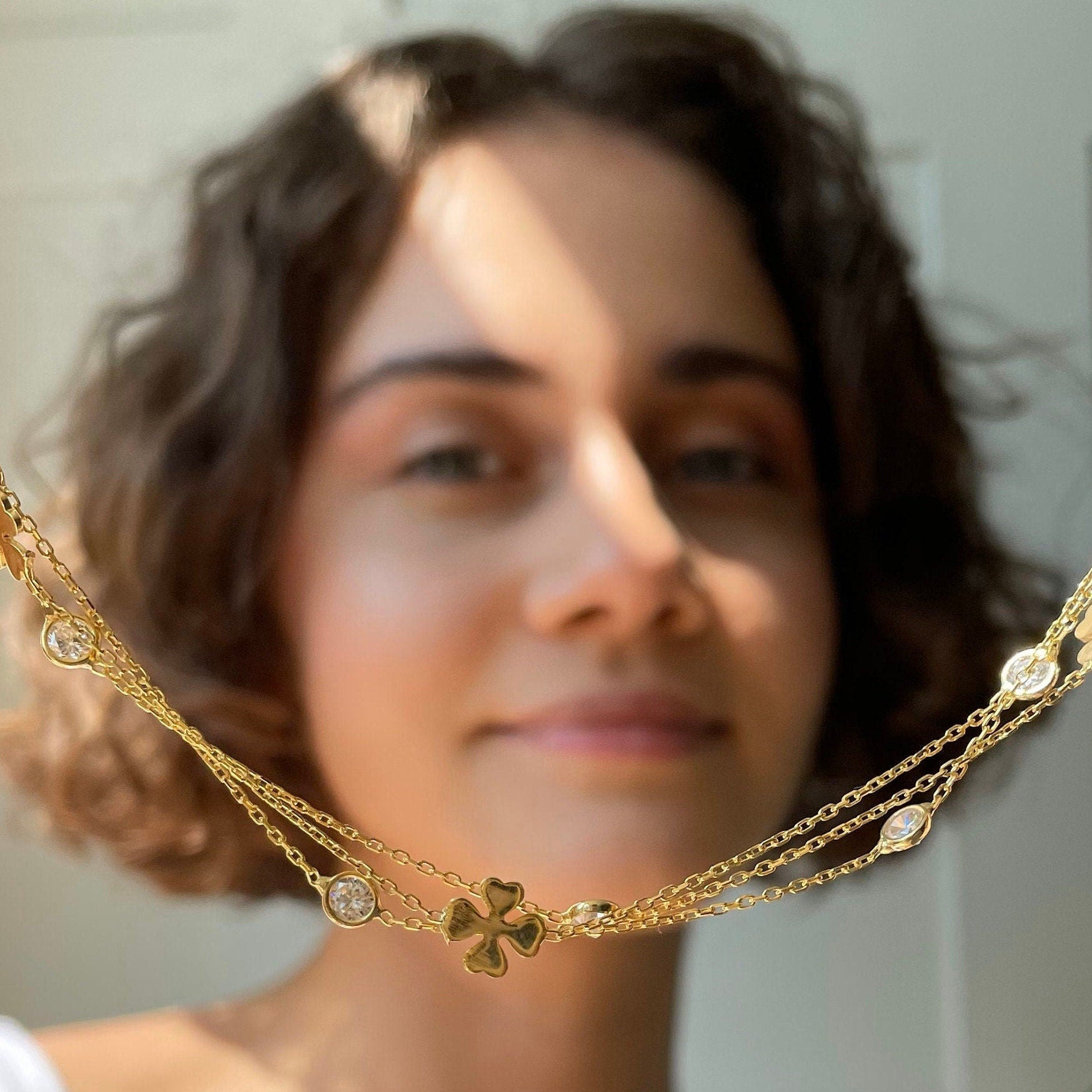 Gold Color 3 Layer Chain Bracelet - Multi-row Shamrock & Cz Bezel Bracelet - 3 Layer Four Leaf Clover Bracelet With Round Zirconia