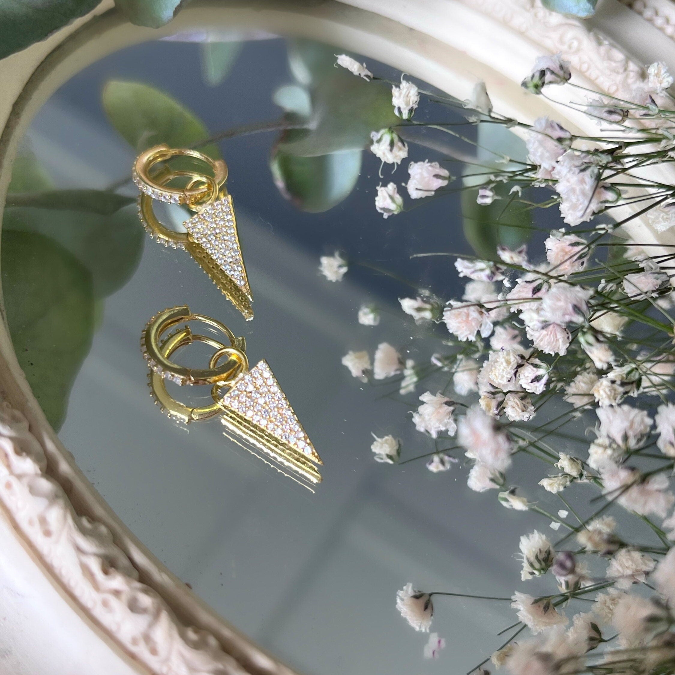 Dainty Triangle Earrings With Zirconia Gems - Gold Color Sterling Silver Dangle Earrings - Chic & Stylish - Summer Jewelry